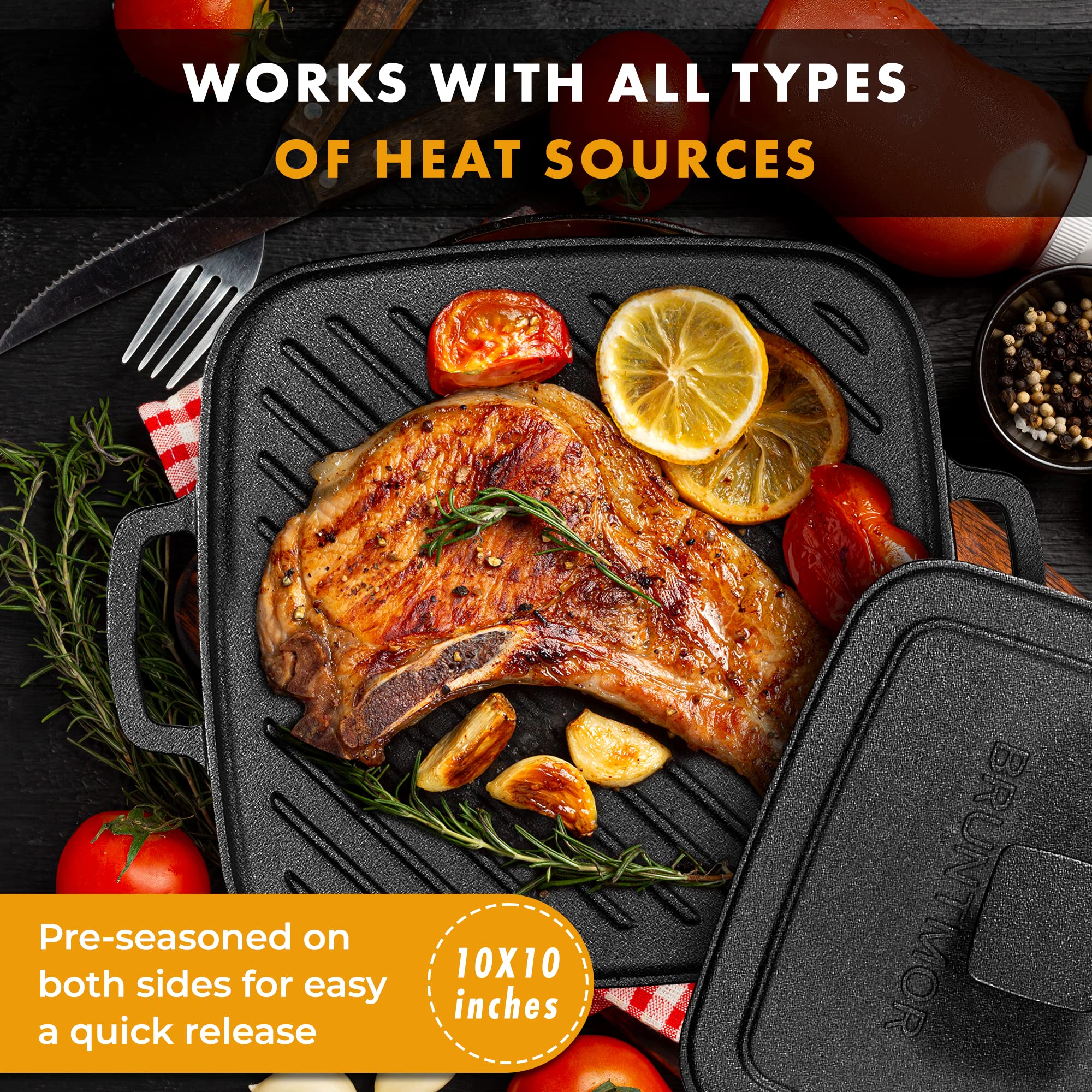 Bruntmor 2-in-1 Pre-Seasoned Square Cast Iron Reversible Grill & Griddle - Heavy Duty Cookware for Single Burner Stoves, Camping & Outdoor Cooking - Perfect for Pancakes, Steaks & BBQ at Home or Picnics