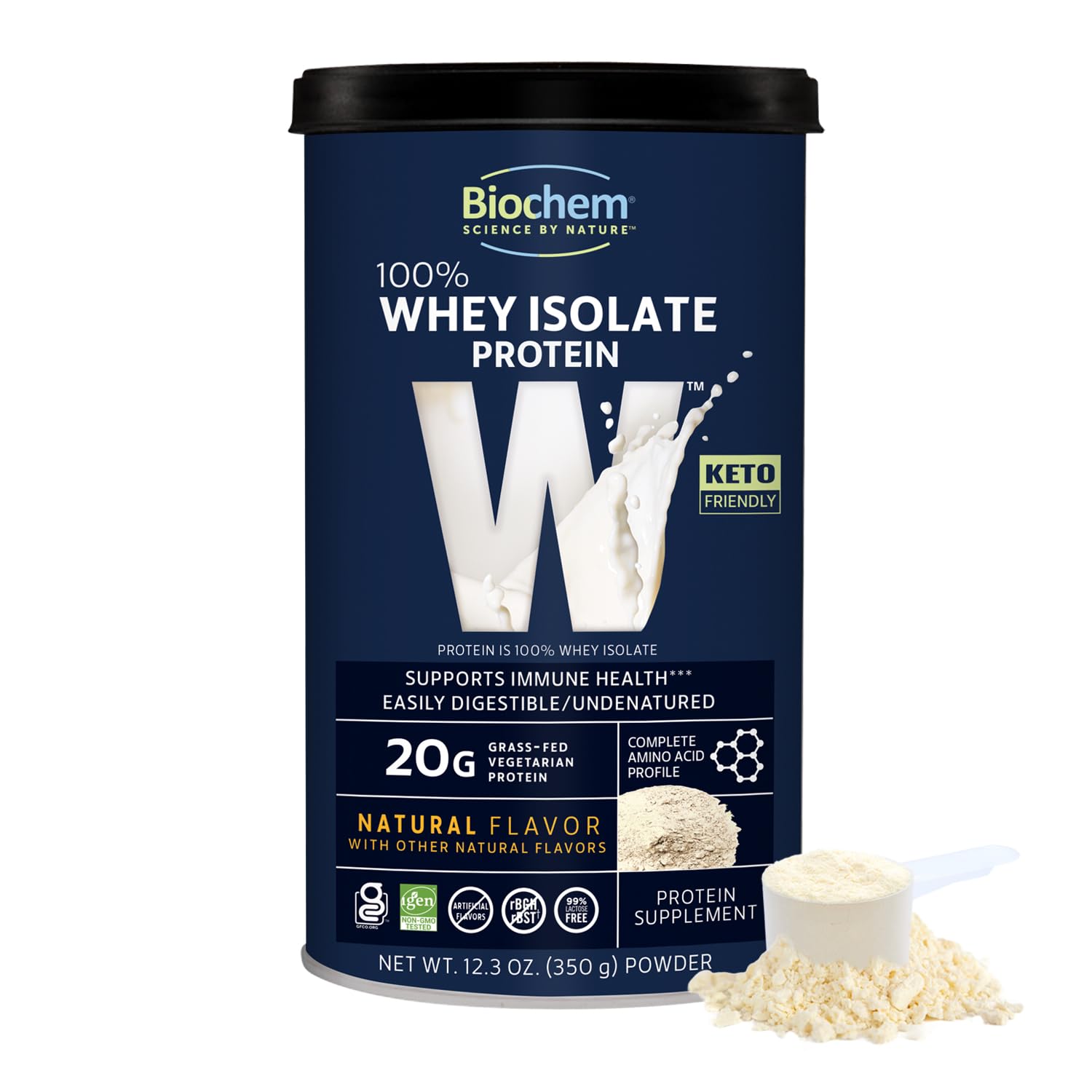 Biochem 100% Whey Isolate Protein Powder - Natural Flavor, 20g Vegetarian Protein (12.3oz) - Pre-Workout Supplement for Muscle Recovery & Immune Support - Keto Friendly, Easy to Digest & Mix - Perfect for Post-Workout Shakes, Smoothies & Healthy Meal Replacement