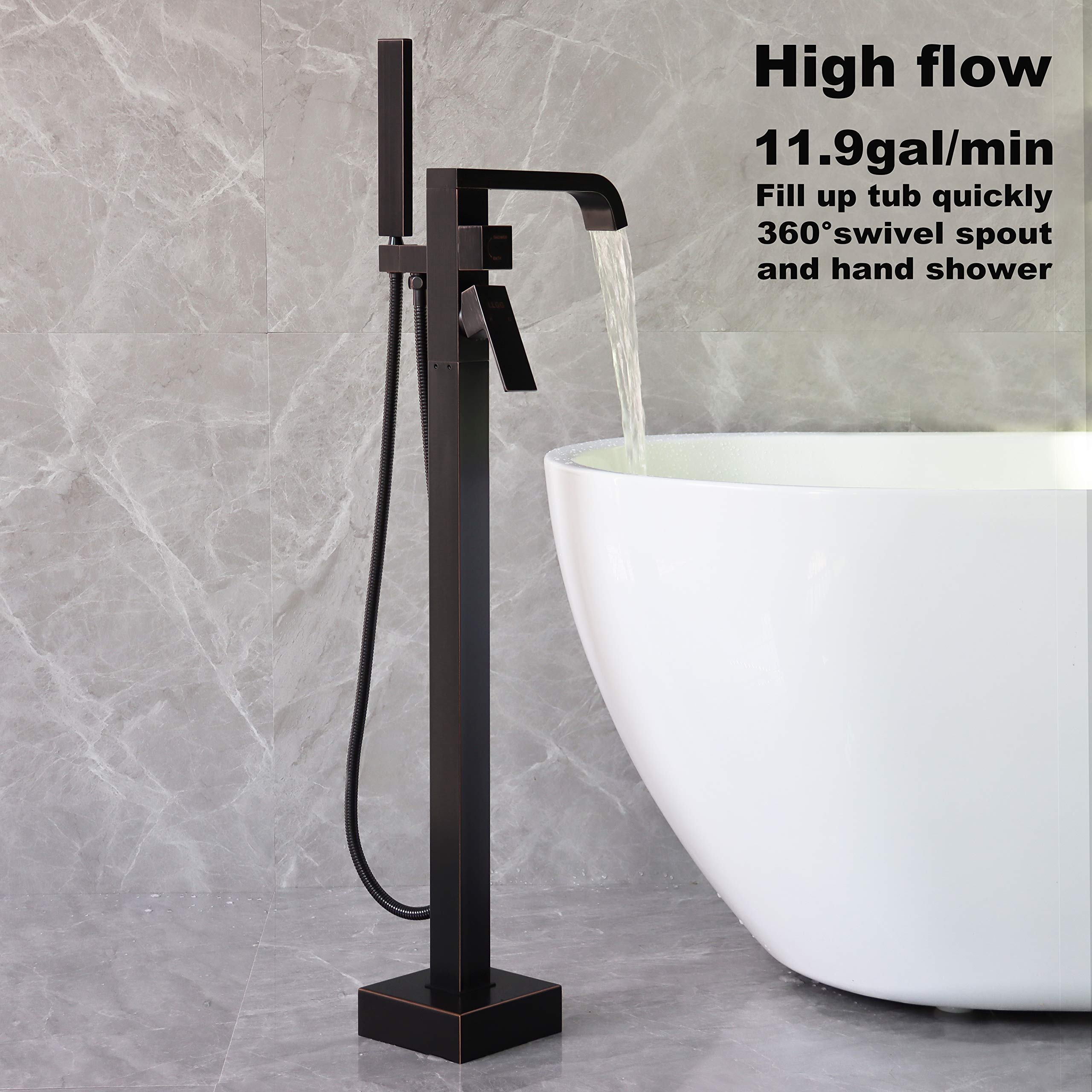 High Flow Freestanding Tub Faucet - Oil Rubbed Bronze Brass Floor Mount Bathtub Filler with Handheld Shower (11.9 GPM) - Perfect for Luxury Bathrooms & Spa Retreats