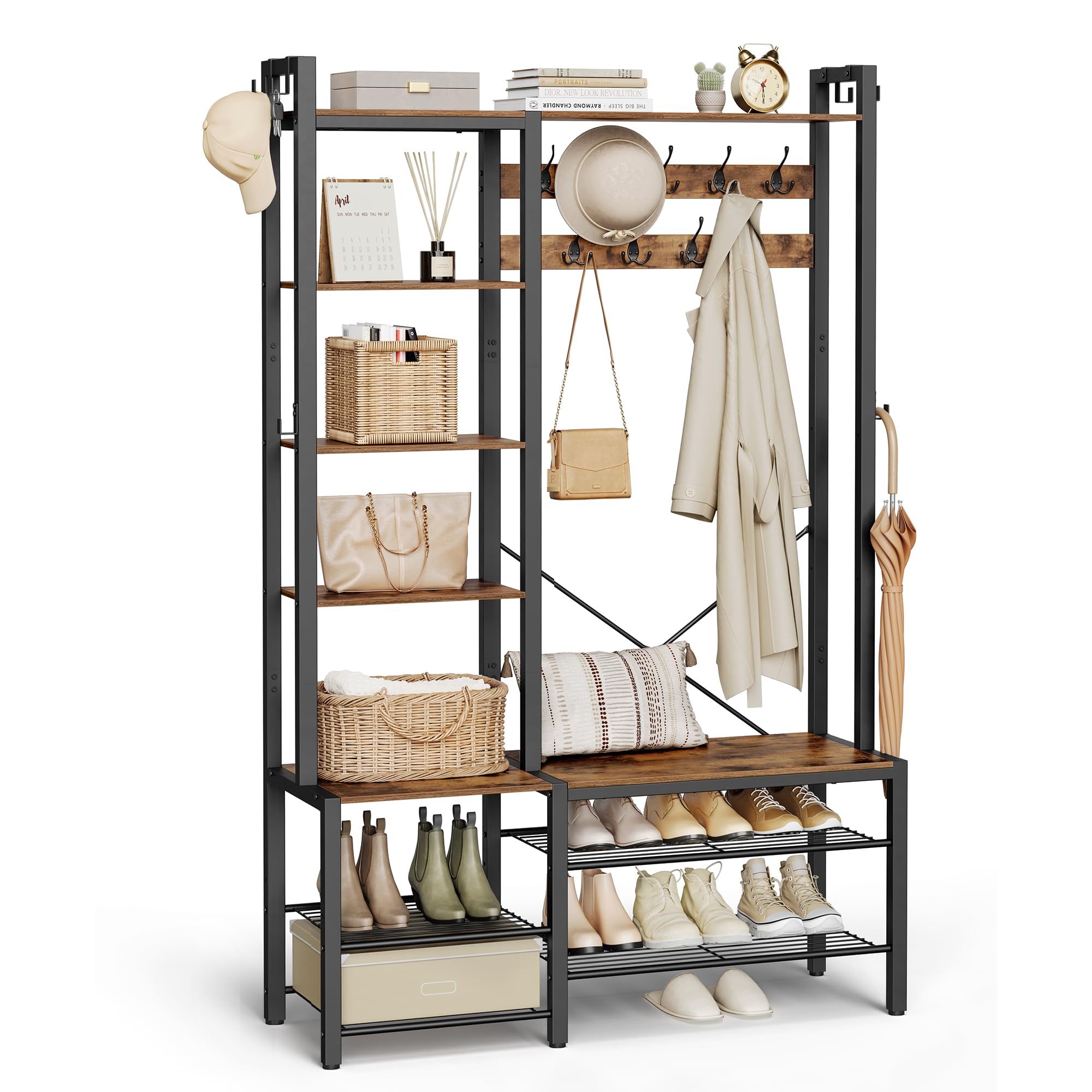VASAGLE Entryway Hall Tree with Bench - 5-Tier Shoe Storage, 9 Coat Hooks & 6 Side Hooks - Rustic Brown & Black Coat Rack Organizer (47.2