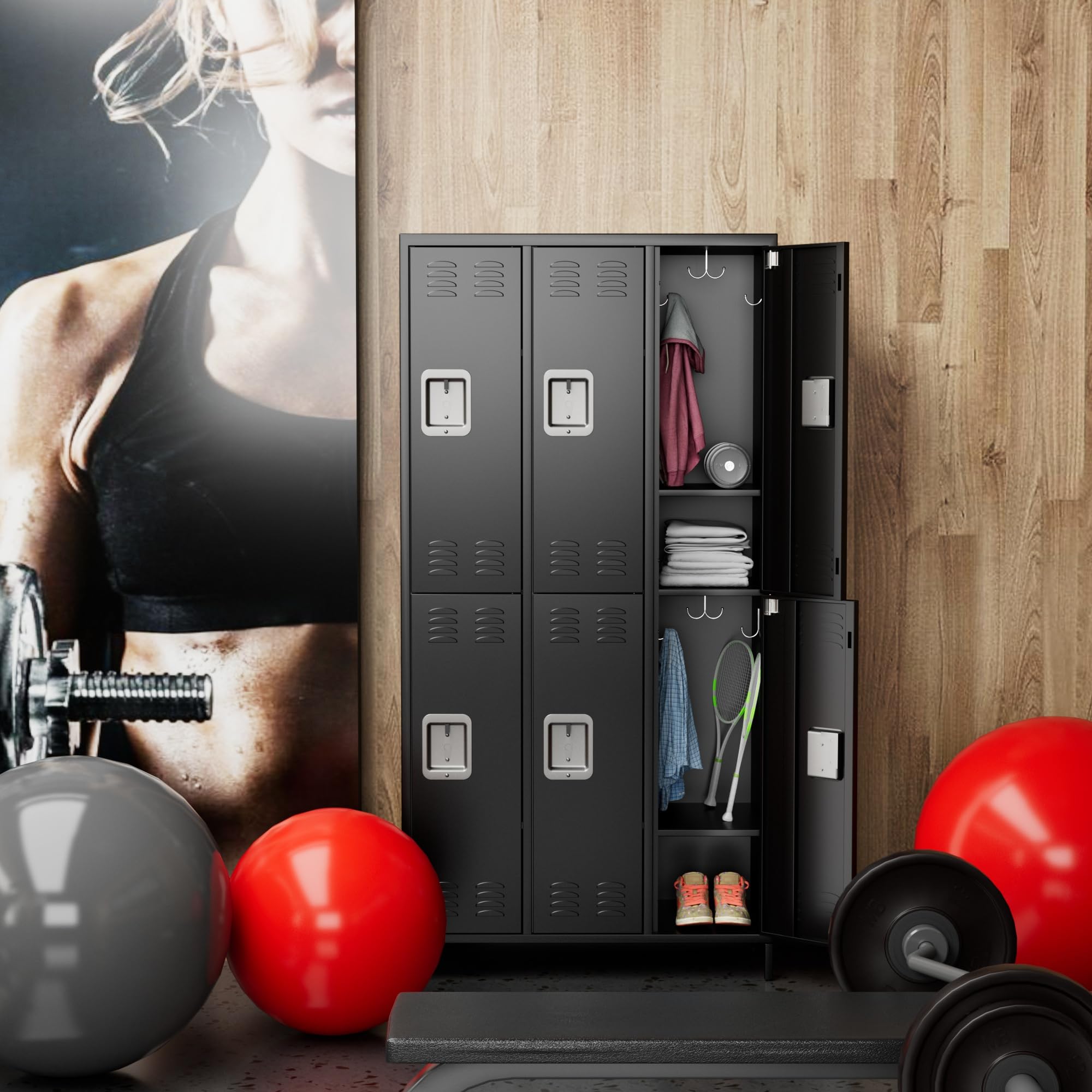 Aobabo 6-Door Steel Storage Locker Cabinet - Heavy Duty Metal Locker for Office, Gym, Bedroom & Dorm - Industrial Organization with 12 Hooks (Black, Assembly Required) - Perfect for Employee Storage, School Lockers & Sports Equipment Organization