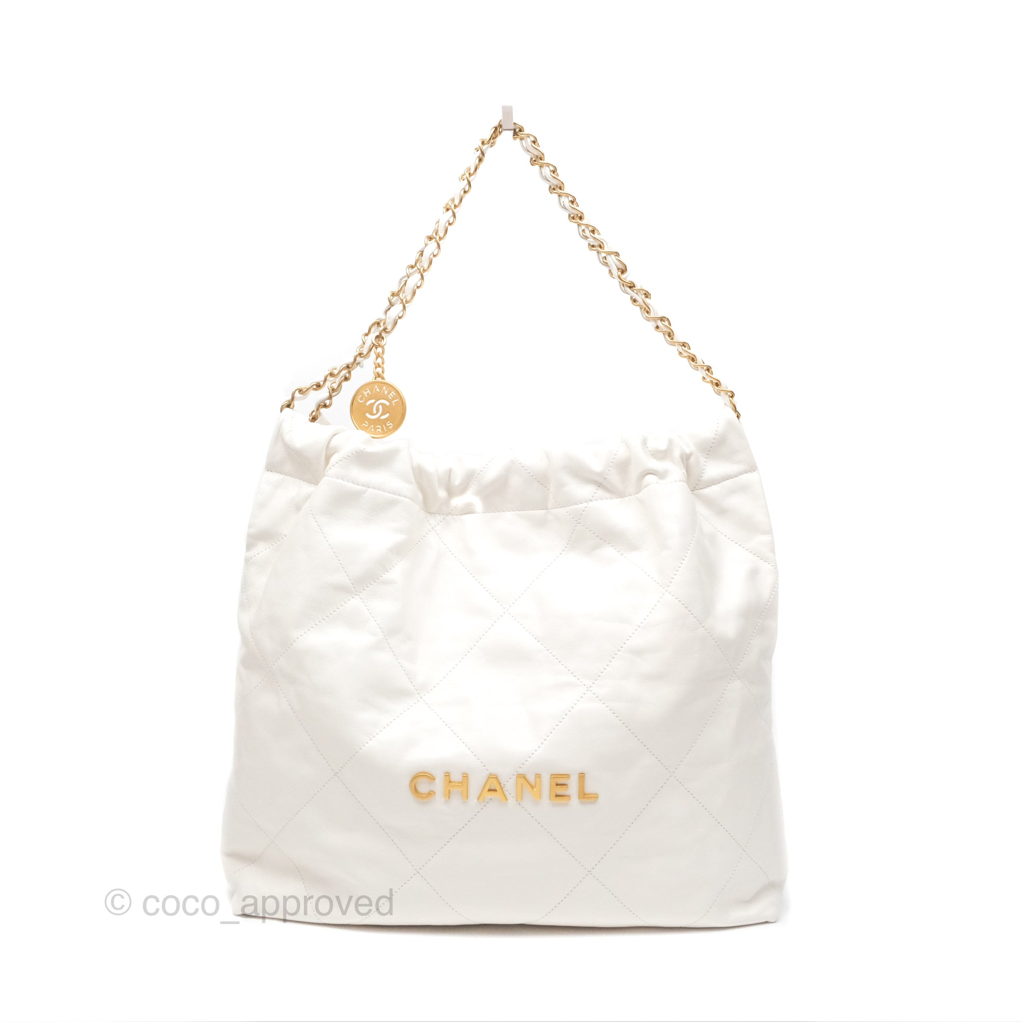 Chanel 22 Medium Handbag - White Shiny Calfskin Leather with Aged Gold Hardware | Luxury Designer Tote Bag for Women | Perfect for Work, Travel & Everyday Use