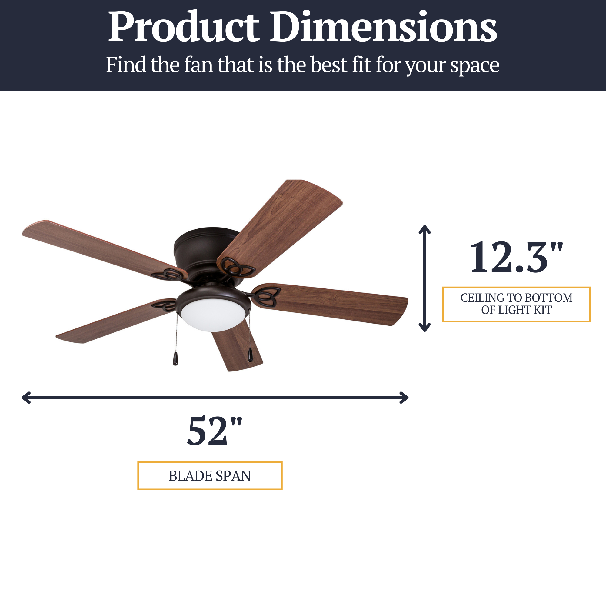 52 Inch Bronze Ceiling Fan with Pull Chain - Modern Indoor Cooling Fan for Living Room, Bedroom, and Office
