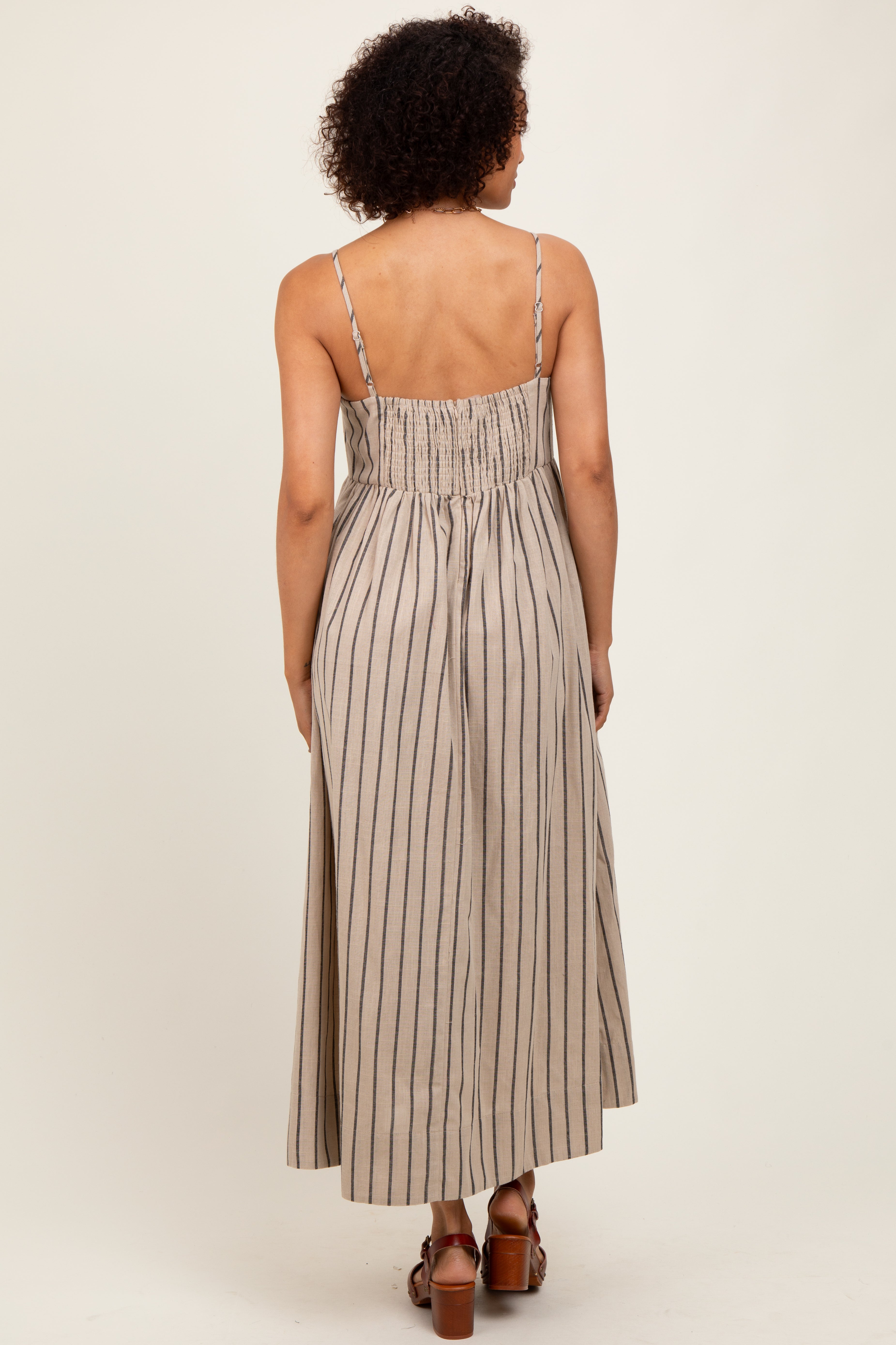 Beige Striped Linen Blend Maxi Dress for Women - Summer Beach Cover Up, Boho Chic Wedding Guest Dress, Casual Sundress for Vacation & Outdoor Events