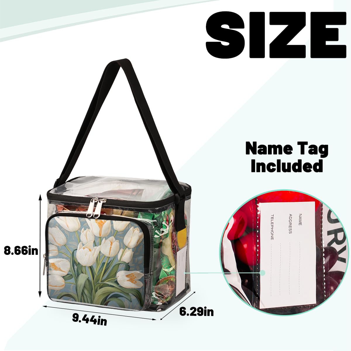GzLeyigou White Tulips Clear Tote Bag with Handles - Floral Transparent Crossbody Shoulder Bag for Women - Perfect for Outdoor, Travel, Picnic, Concerts & Sports Events (Stadium Approved) - Lunch Bag, Beach Essentials & Shopping Companion