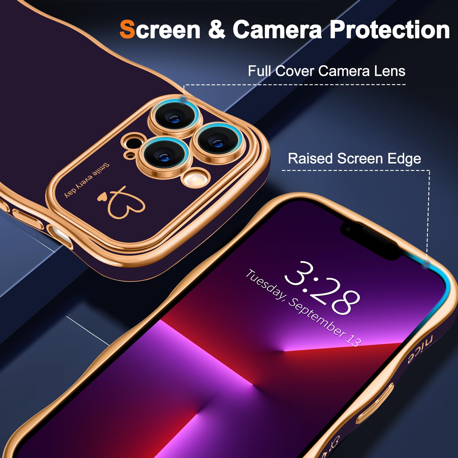 Hython iPhone 13 Pro Max Case - Luxury Wavy Wave Design with Heart Accent, Slim Thin Soft TPU Rubber Shockproof Protective Cover for Women & Girls (Dark Purple) - Perfect for Daily Use, Travel, and Gift Giving