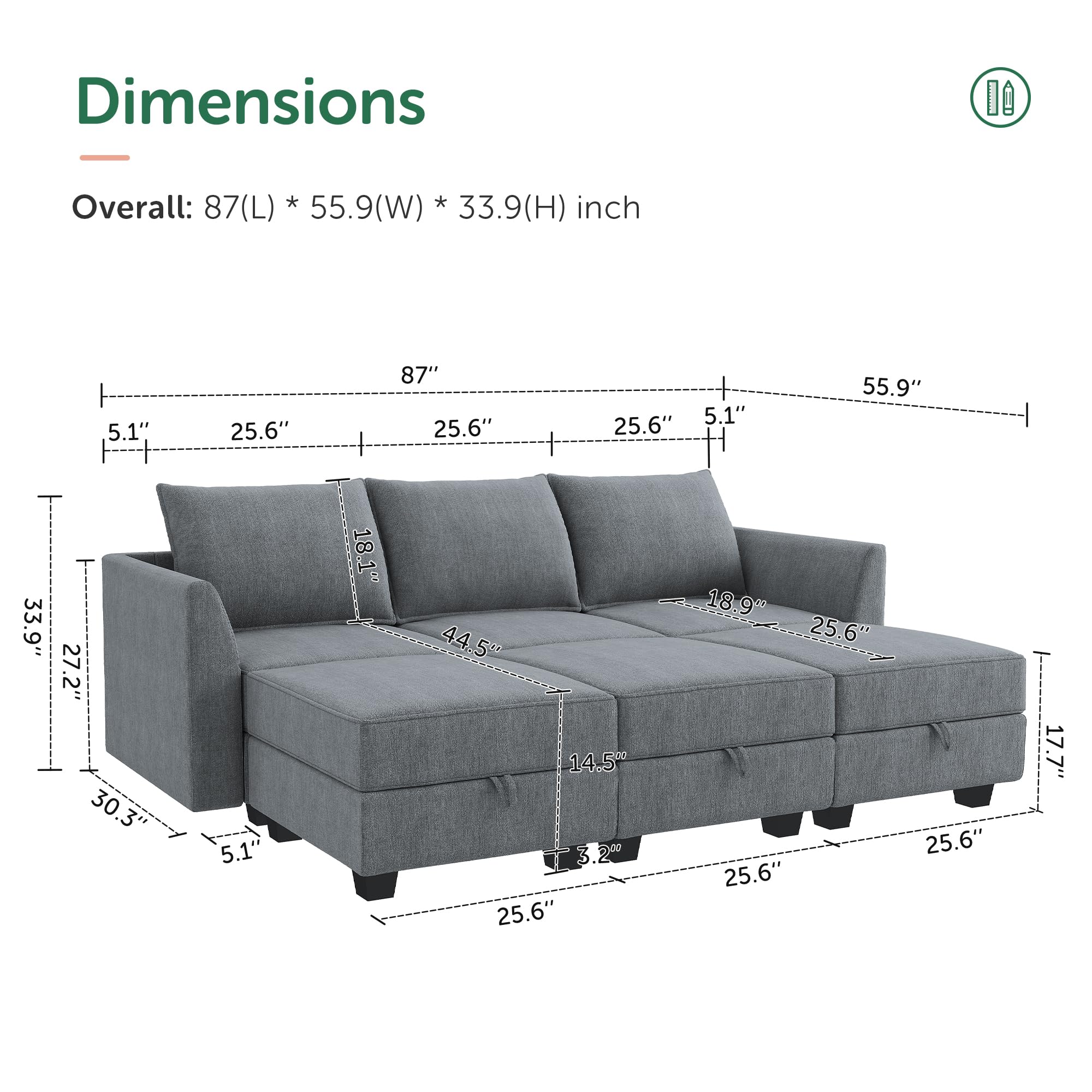 HONBAY Modular Sectional Sleeper Sofa with Storage | Convertible Reversible Chaise Sectional Couch for Living Room | Bluish Grey | Perfect for Small Spaces, Guest Rooms & Home Theater Lounging