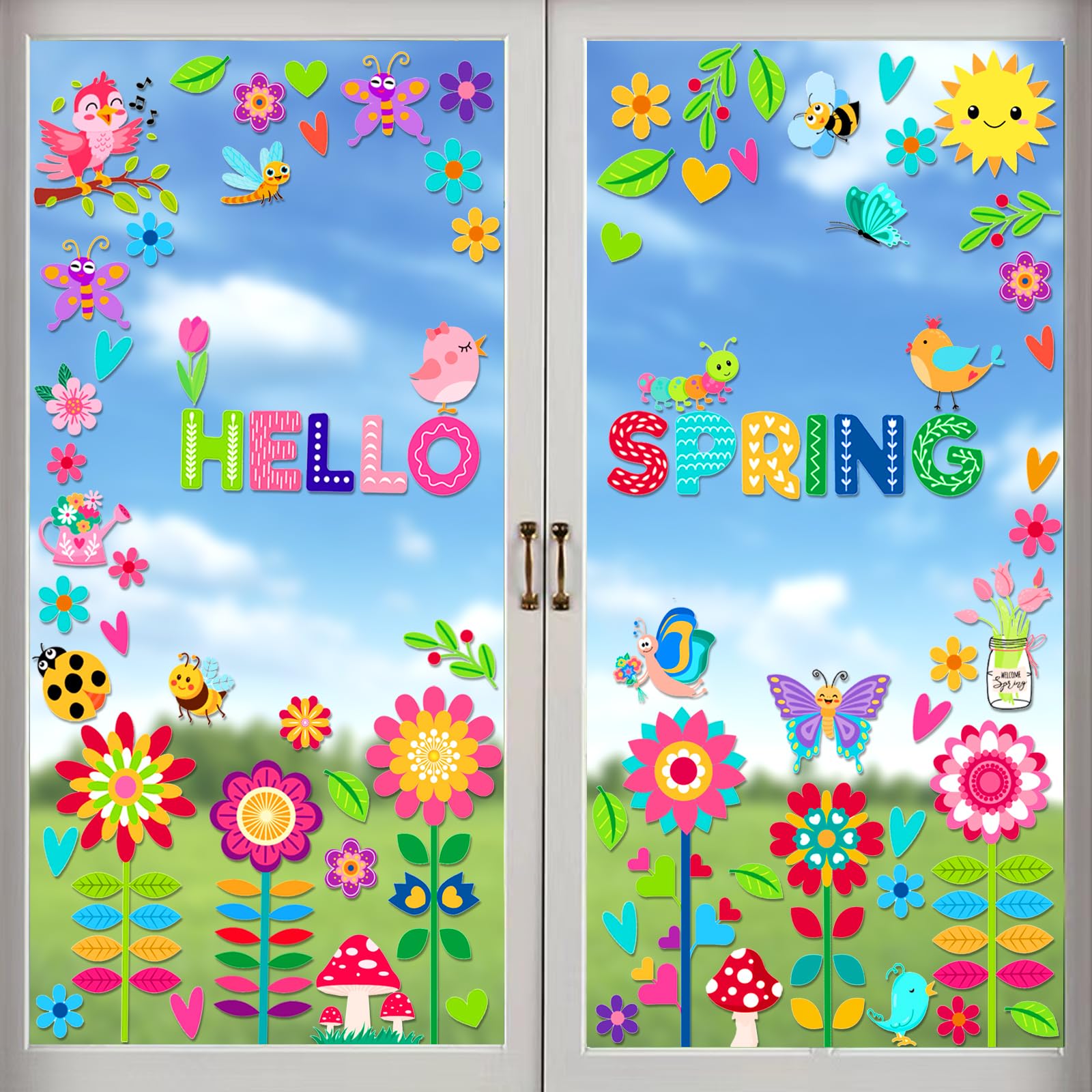 Hello Spring Window Clings - Removable Butterfly & Flower Window Stickers | Double-Sided Easter Wall Decals for Kids, Toddlers | Home, Classroom & Office Glass Window Decor | Perfect for Spring Parties, Easter Celebrations & Seasonal Home Decor