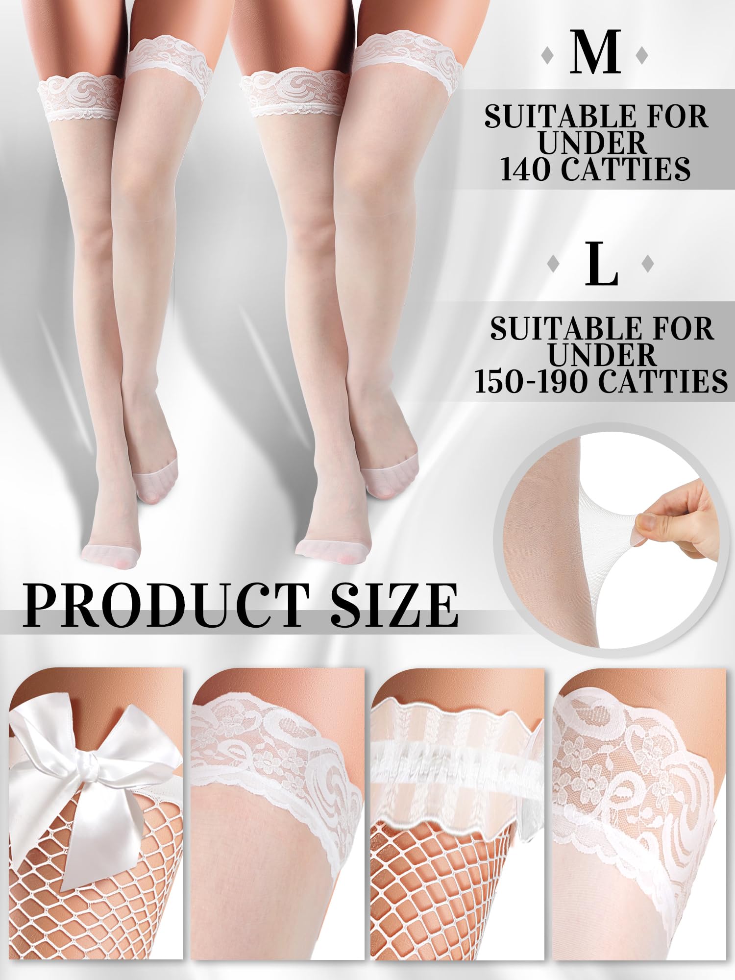 Bencailor 4 Pairs Women's Fishnet Thigh High Stockings with Silicone Lace Top - Sheer Over Knee Silky Stockings for Party, Cosplay & Night Out