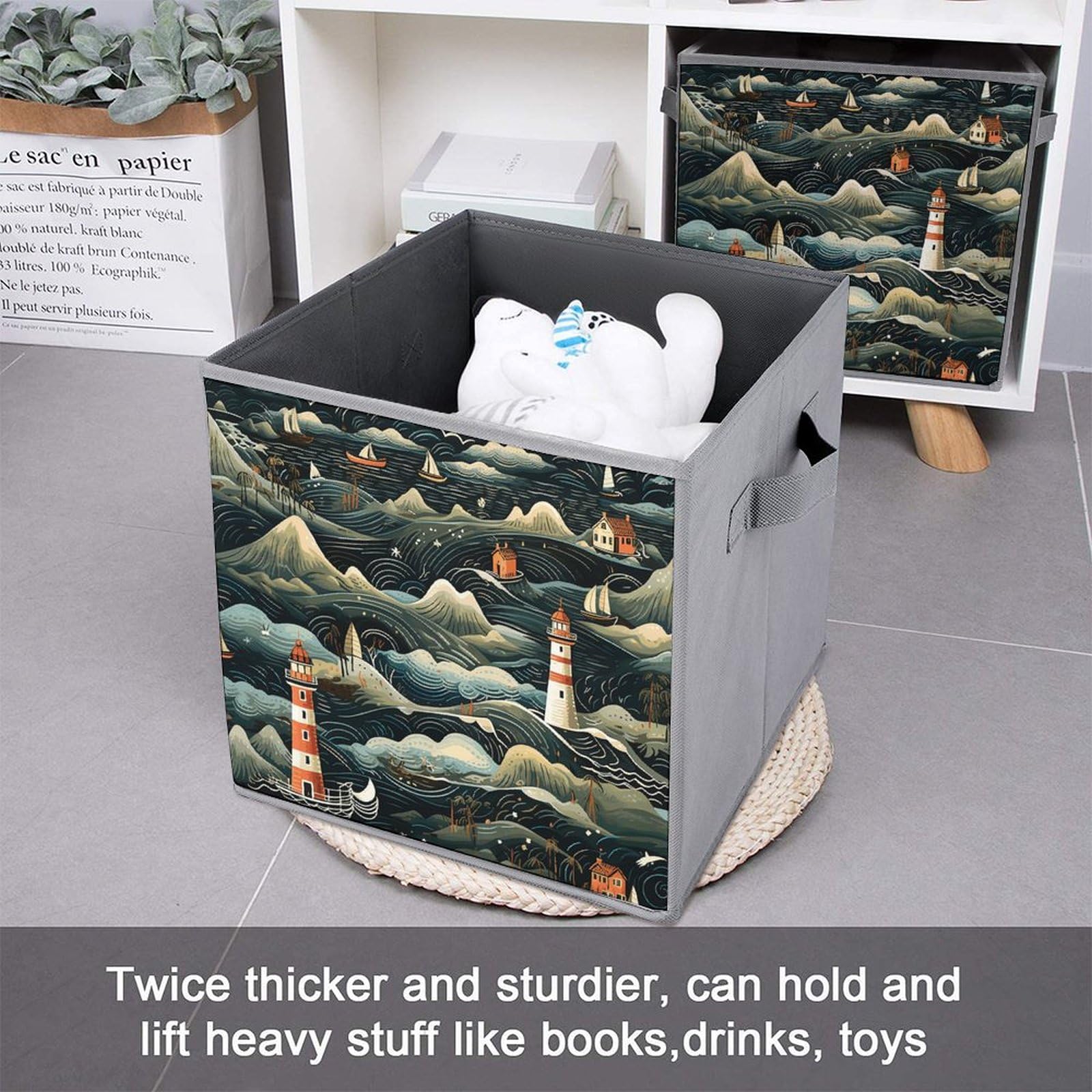 2-Pack Collapsible Storage Bins with Handles - Black Lighthouse Printed Foldable Storage Boxes for Home Organization, Shelves, Closet & Pantry | Space-Saving Household Storage Solutions for Toys, Blankets & Seasonal Items