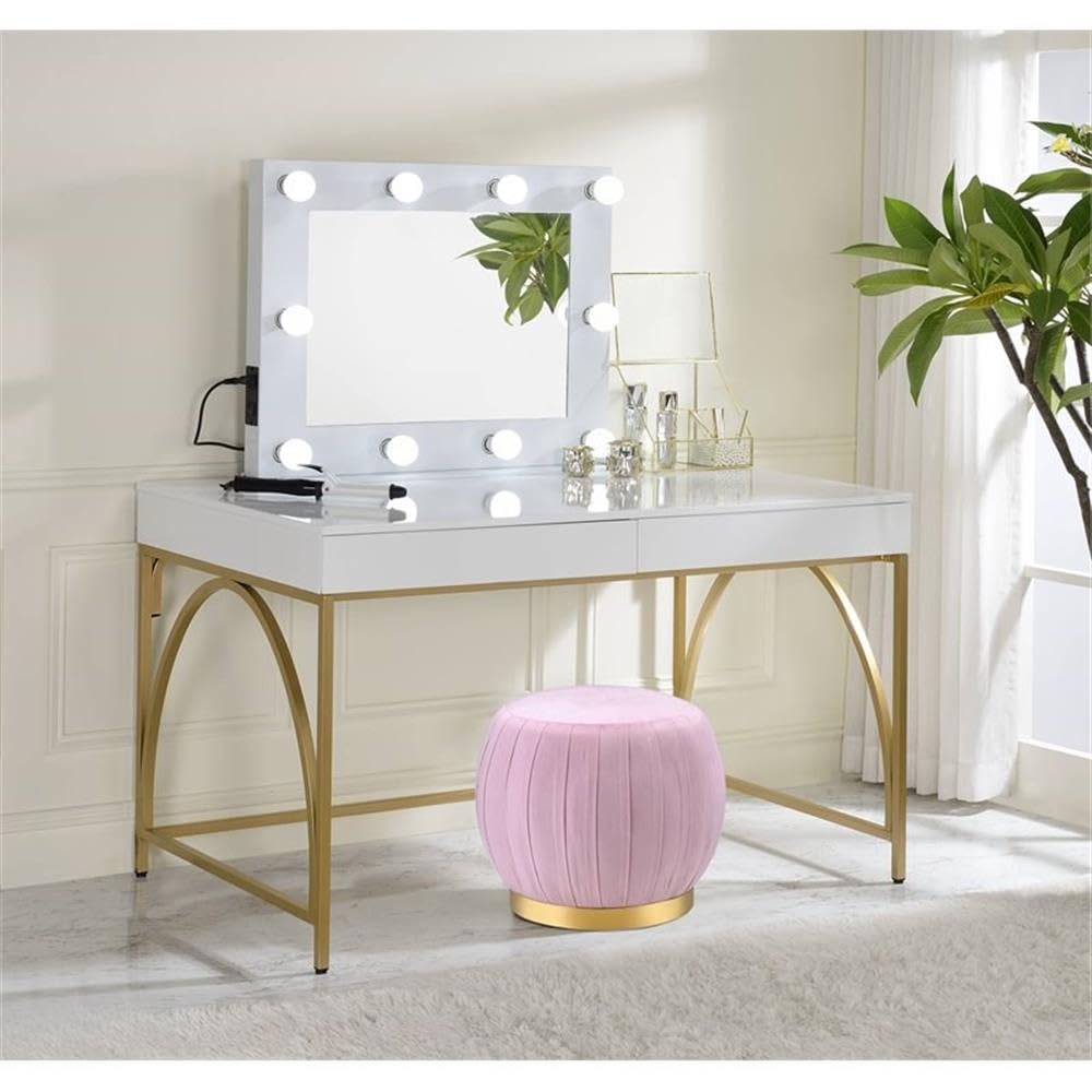BOWERY HILL Contemporary Vanity Desk - White High Gloss Finish with Gold Accents | Modern Dressing Table for Bedroom, Makeup Station & Home Office