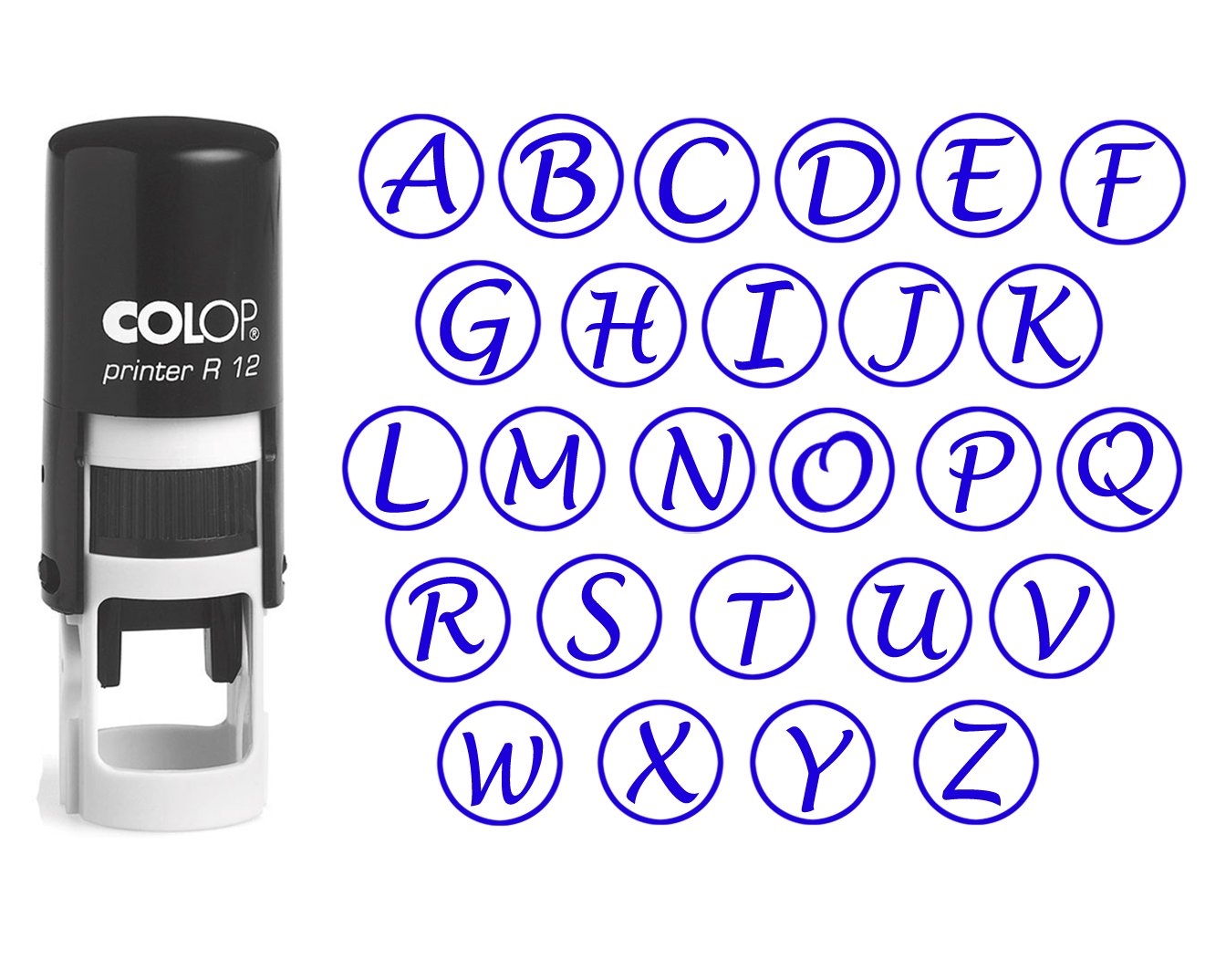 Custom A-Z Alphabet Stamp Set - Blue Ink Monogram Round Rubber Stamp with Self-Inking Feature | COLOP Mini Stamper 12mm | Perfect for DIY Crafts, Scrapbooking & Personalized Gifts