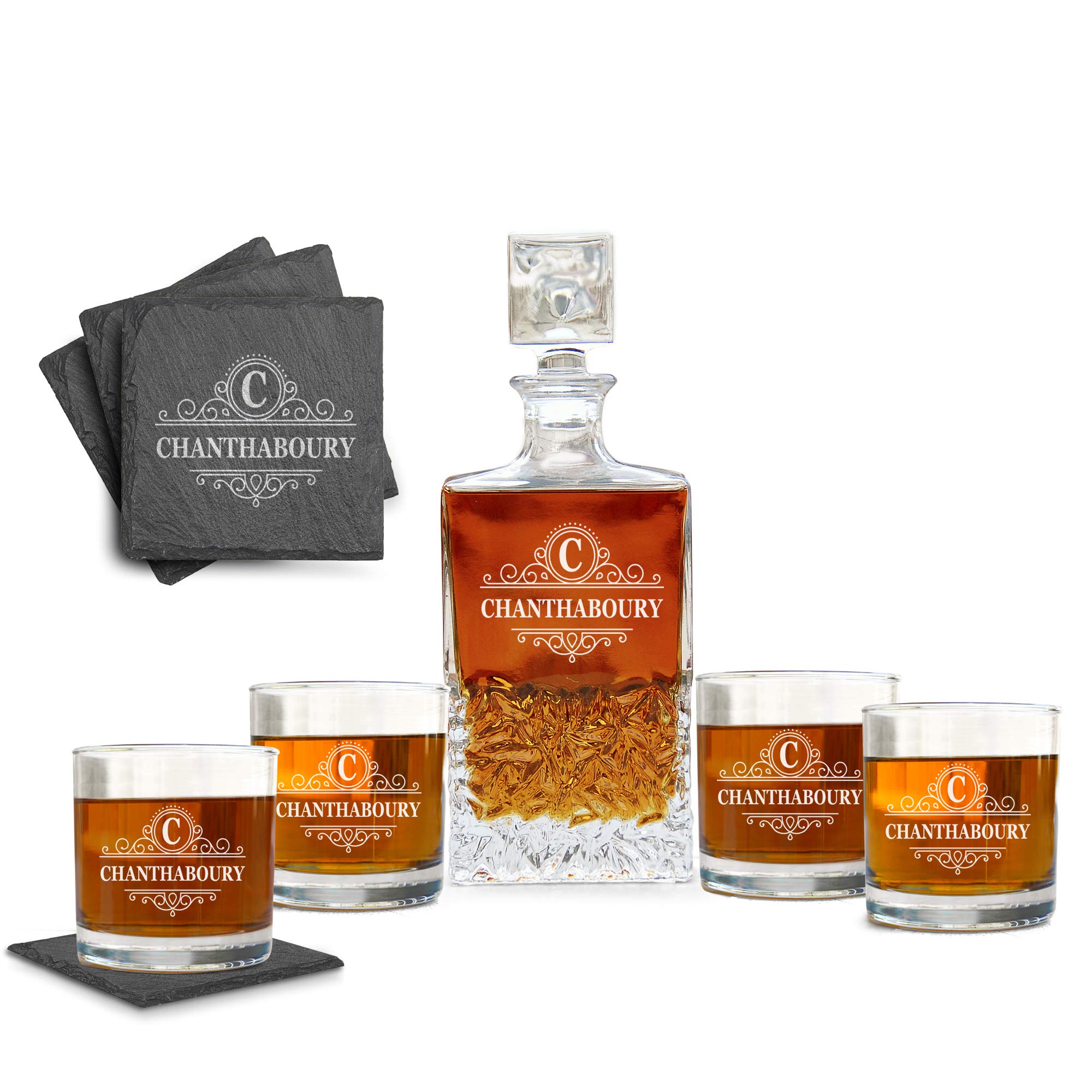 Personalized Engraved Decanter Set with 2 Glasses & Gray Coasters - Whiskey Decanter Gift Set for Men, Father's Day, Anniversary & Home Bar Decor - Perfect for Bourbon, Scotch & Wine Lovers