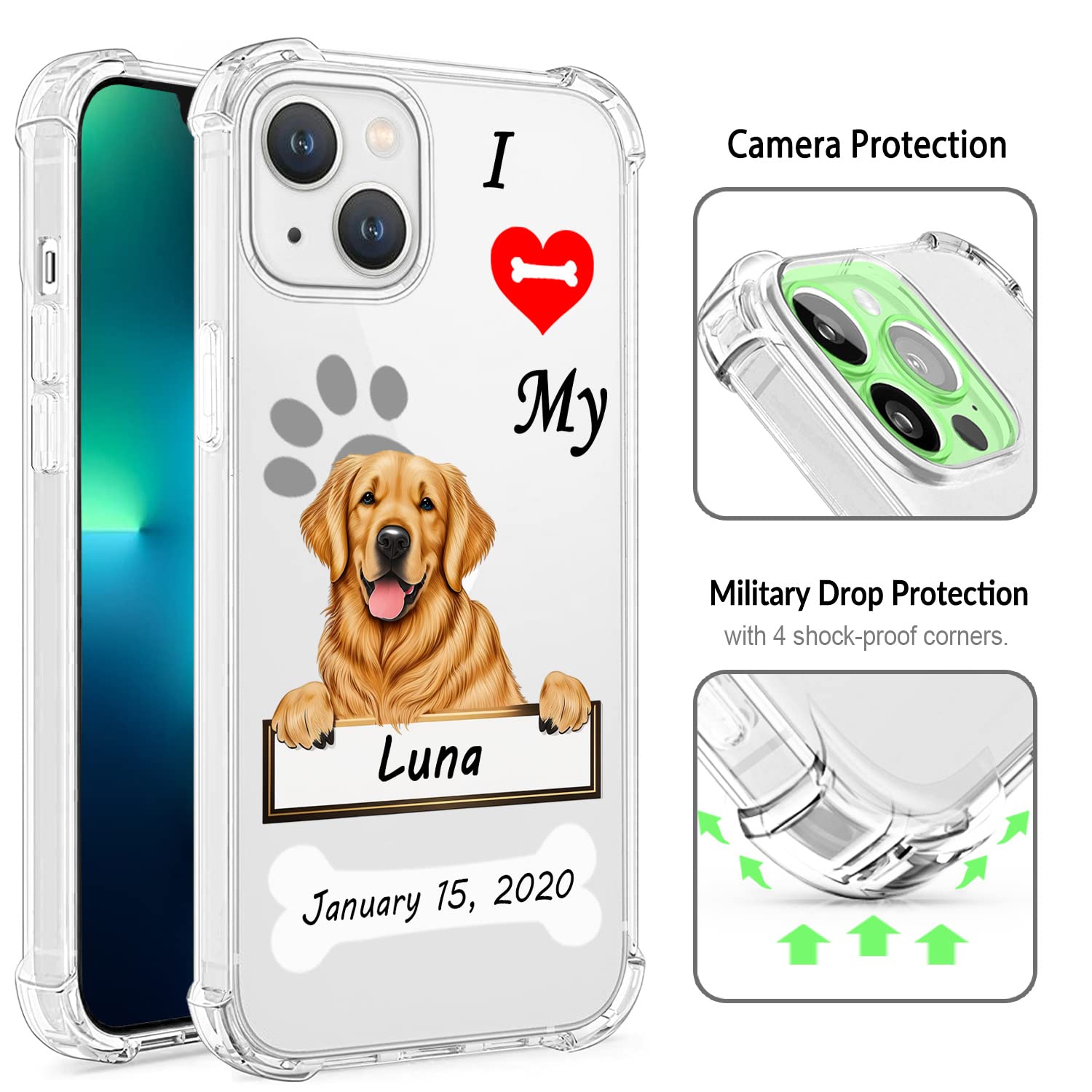 Custom Pet Name 'I Love My Dog' Clear Shockproof iPhone Case for iPhone 14 Pro Max/13/12/11/Xs Max/Xr/SE3/8/7/6 Plus - Personalized Phone Cover for Dog Lovers with 4 Protective Corners | Perfect Gift for Pet Owners & Dog Enthusiasts