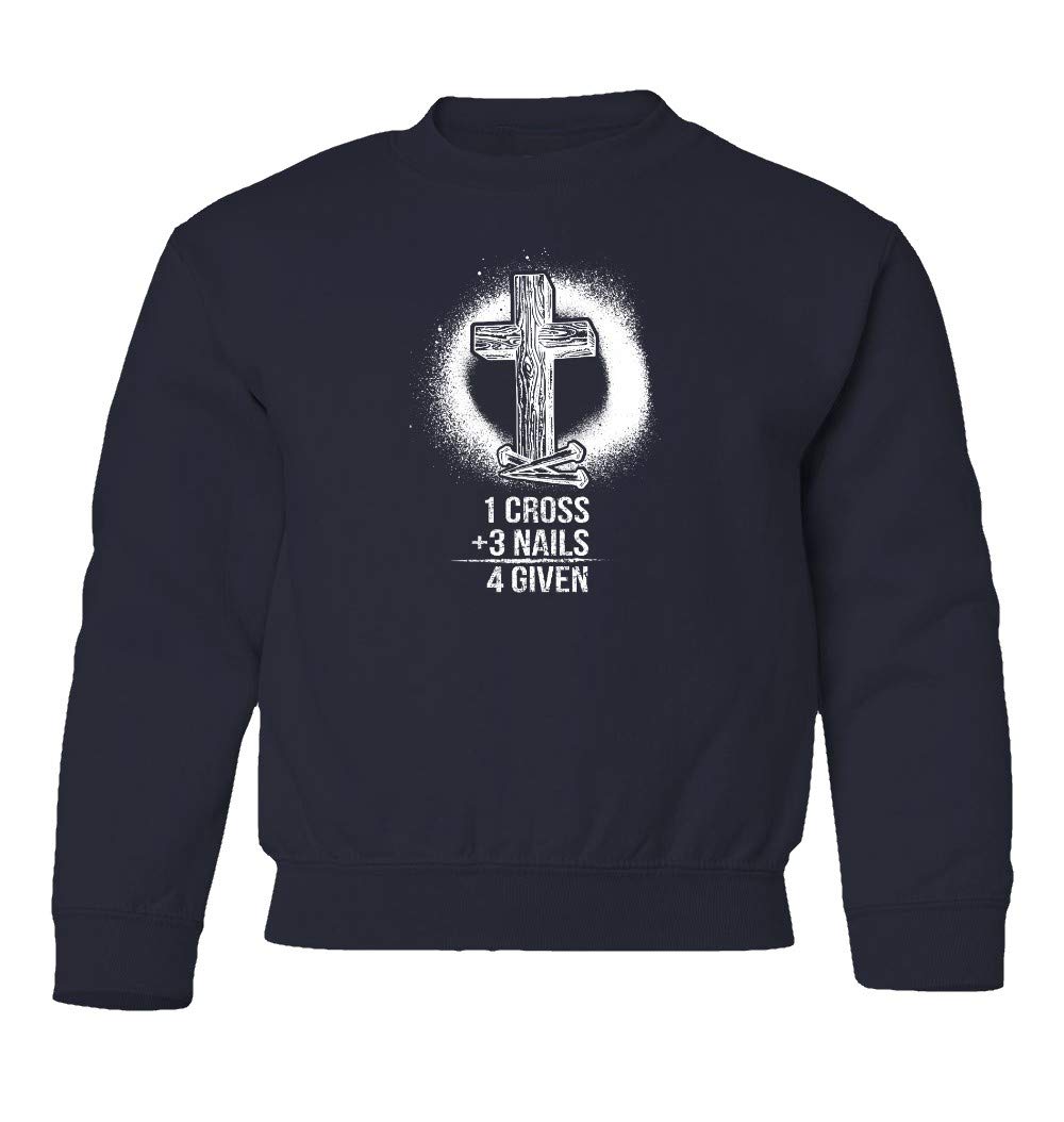 Spark Apparel Christian 1 Cross + 3 Nails = 4 Given Youth Sweatshirt - Religious Crewneck Sweater for Teens (Navy, Youth Large) - Perfect for Church, Youth Group & Christian Events