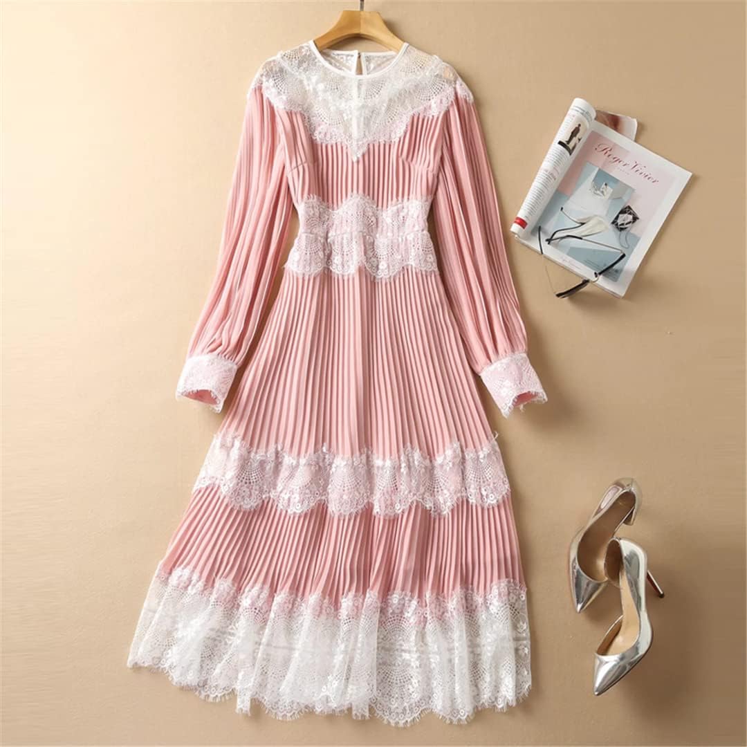 Elegant Women's Pleated Maxi Dress with Lantern Sleeves & Lace Patchwork - Pink & Black Flowy Party Dress for Spring/Autumn Weddings, Holidays & Special Occasions