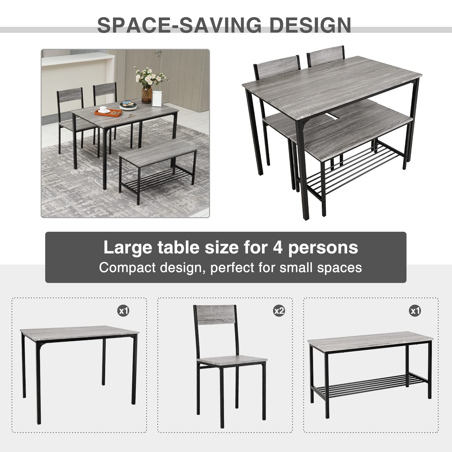 PULUOMIS 4-Piece Modern Dining Set with Table, 2 Chairs & Bench - Grey Kitchen & Breakfast Table for Home, Bistro, Patio, Garden | Perfect for Small Spaces & Family Meals