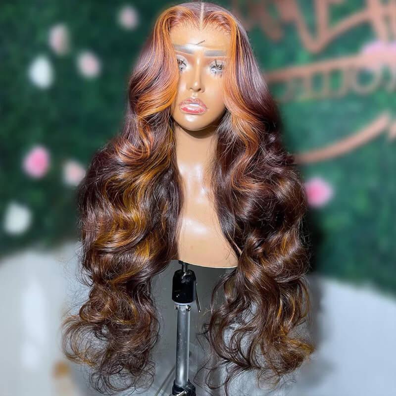 Dark Brown Body Wave Wig with Ginger Inner Highlight