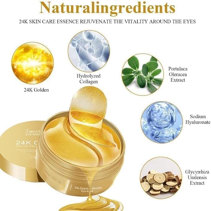 24K Gold Under Eye Patches for Dark Circles & Puffiness - Retinol Collagen Hyaluronic Acid Eye Gel Pads to Moisturize & Reduce Wrinkles - Perfect for Night Routine, Travel & Morning Skincare (24K Gold)