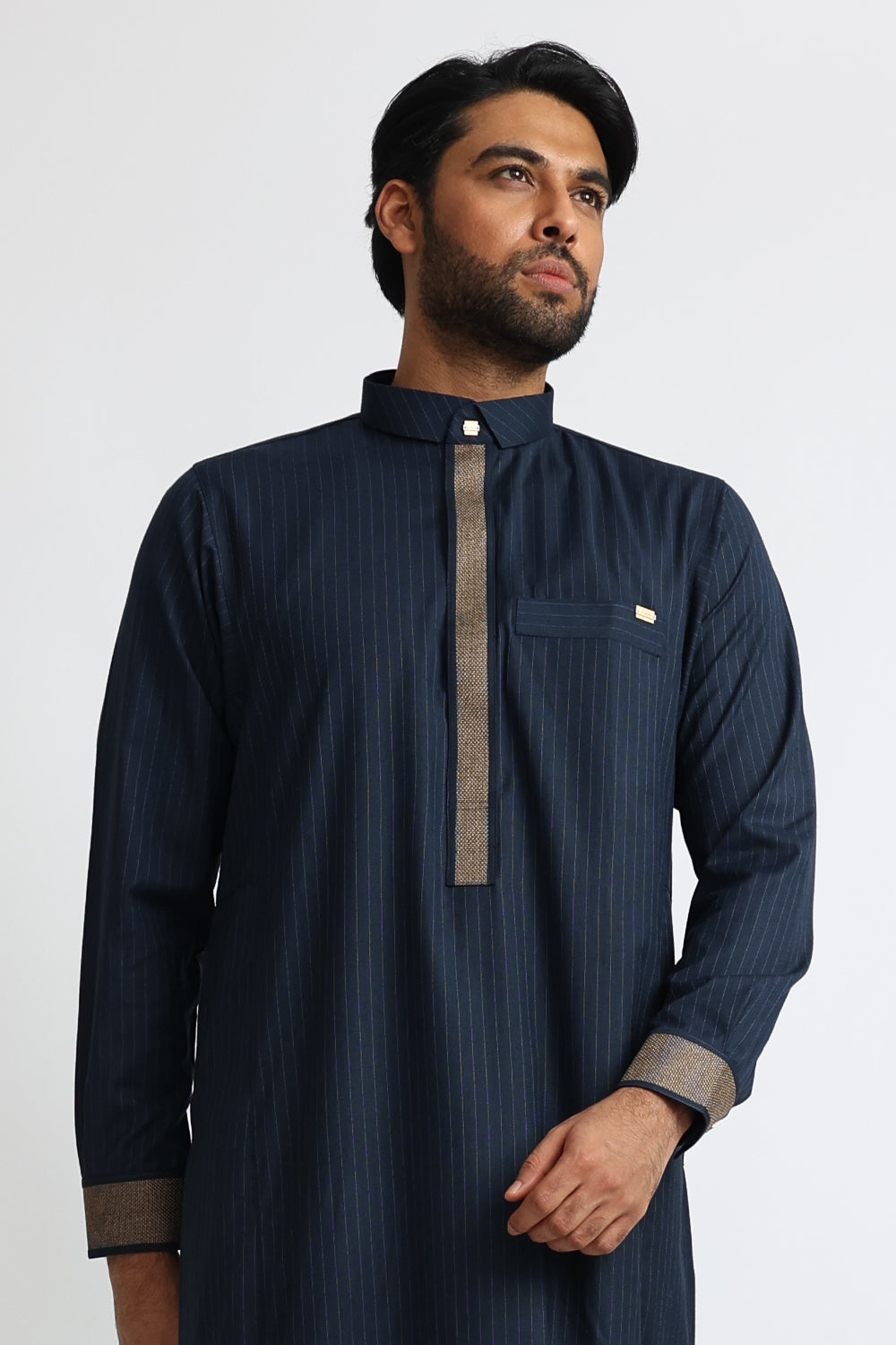 Premium J118 Navy Pinstripe Thobe for Men - Classic Islamic Robe with Elegant Stripes - Perfect for Eid, Ramadan, and Special Occasions