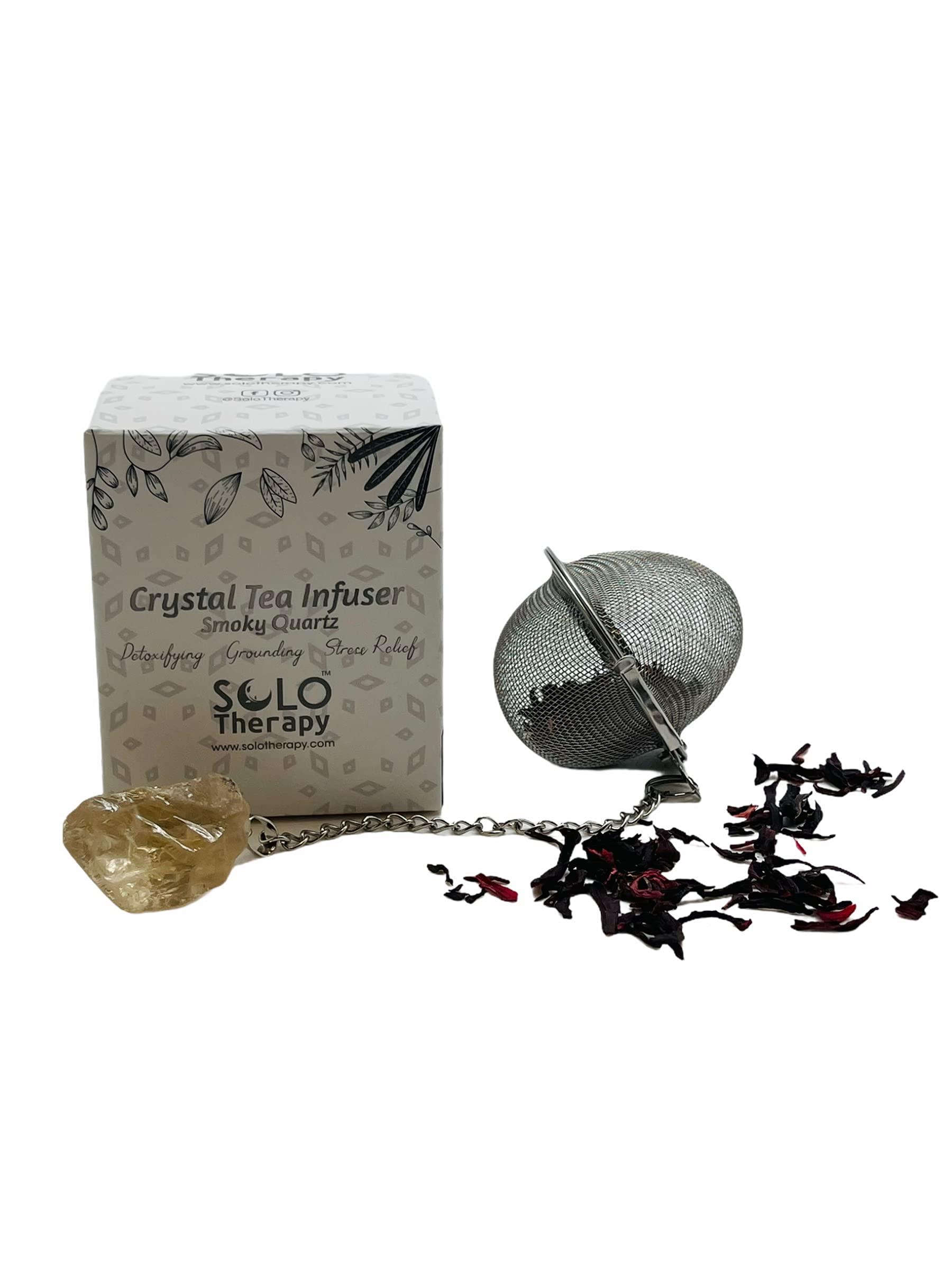 Premium Smoky Quartz Crystal Tea Infuser - Stainless Steel Mesh Tea Strainer with Extended Chain Hook for Brewing Fine Loose Tea - Perfect for Home, Office & Tea Ceremony Use
