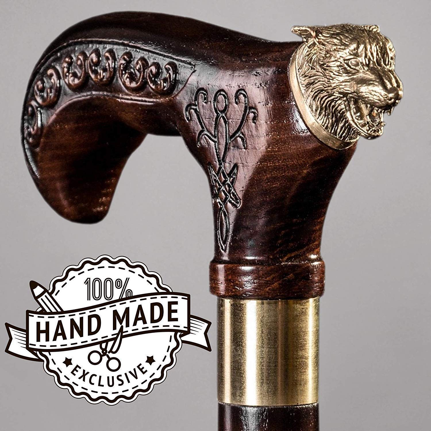 Handmade Personalized Wolf Design Wooden Walking Cane for Men - Premium Hand Carved Hiking Stick - Perfect Gift for Outdoorsmen, Elderly & Hikers - Ideal for Hiking, Travel & Daily Support