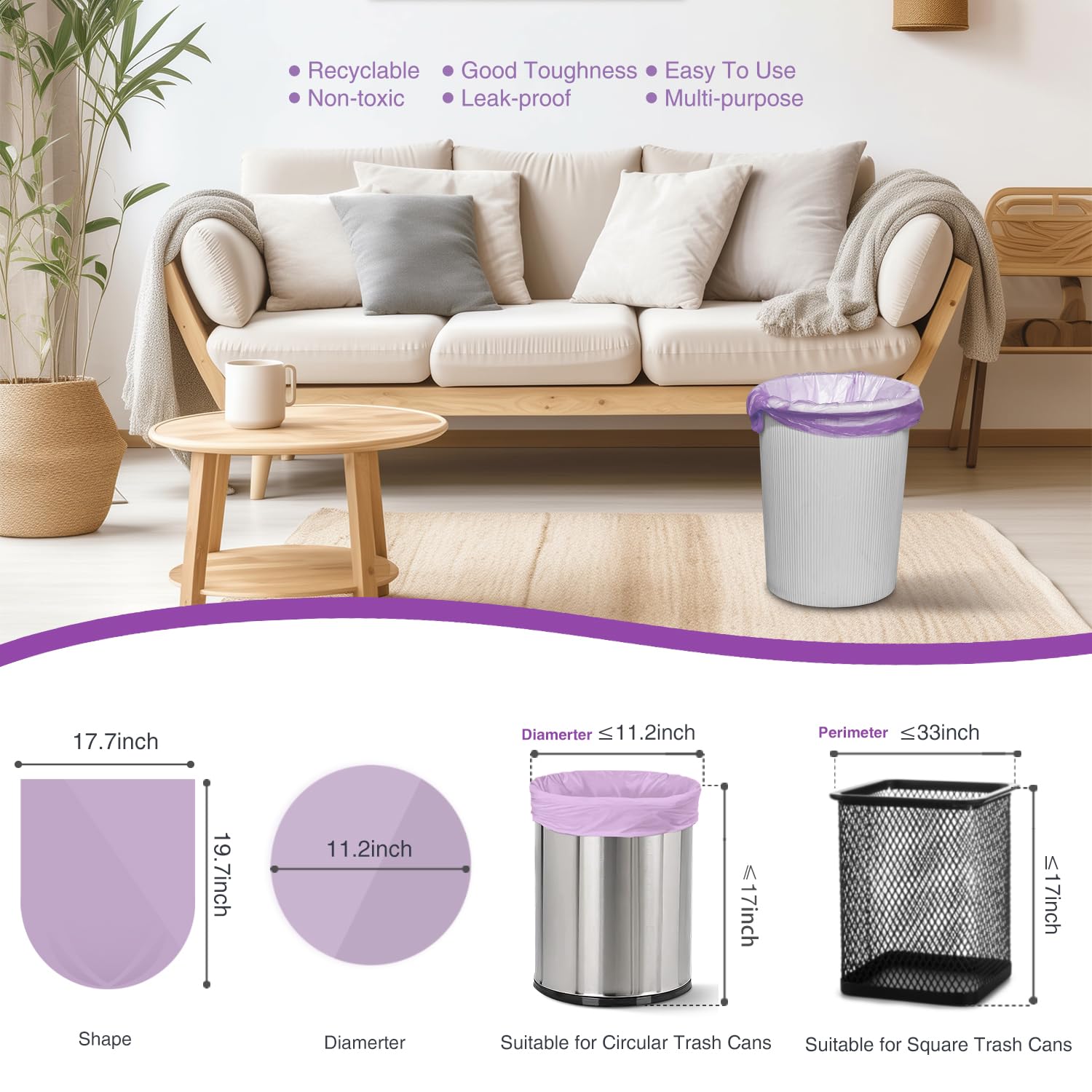 4 Gallon Small Trash Bags (105 Count) - Unscented Mini Garbage Bags for Bathroom, Office & Kitchen | Wastebasket Liners & Home Plastic Bags (Purple) - Perfect for Small Bins, Desks, RVs & Dorm Rooms