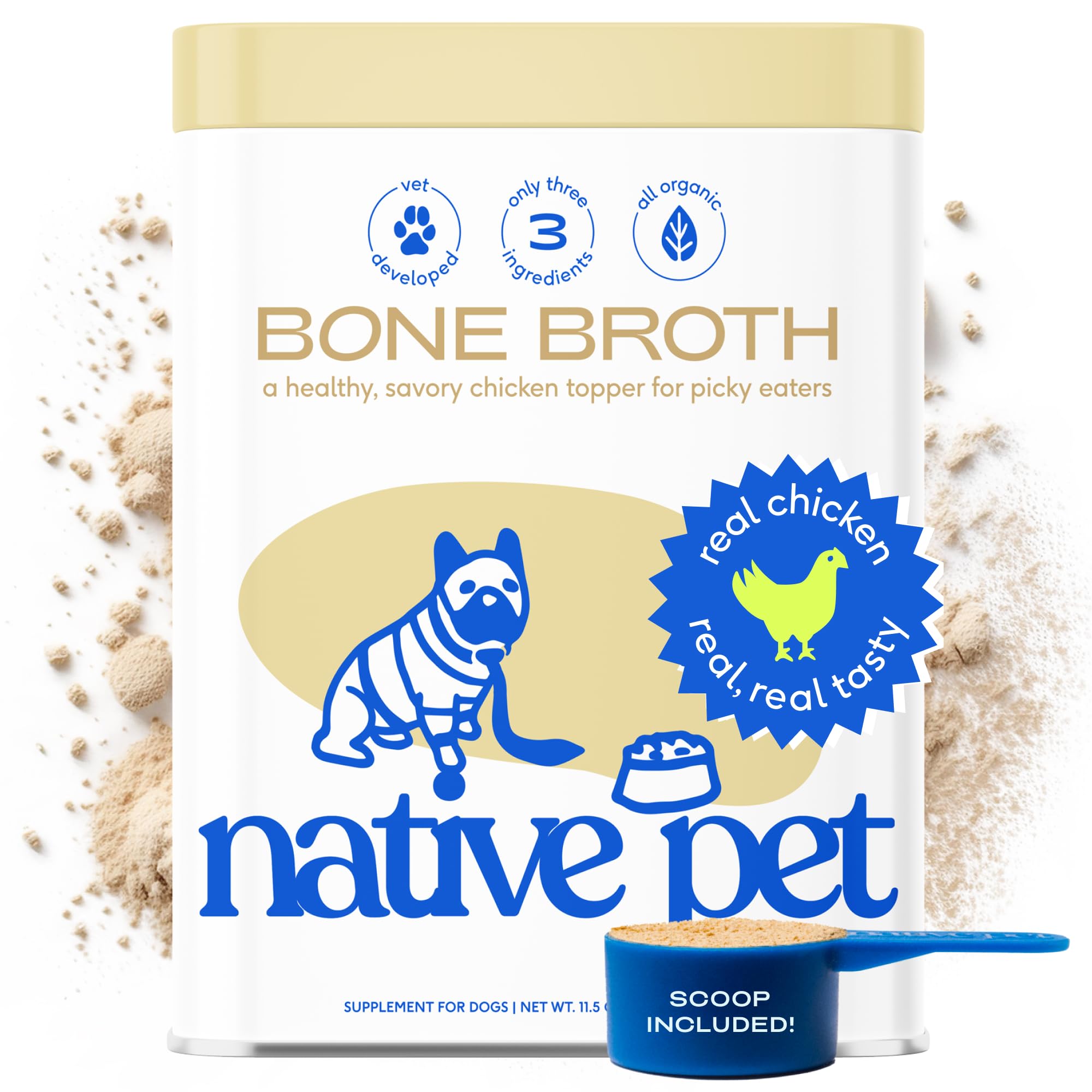 Premium Chicken Bone Broth Powder for Dogs & Cats - 11.5 oz Protein-Rich Pet Food Topper with Collagen | Ideal for Picky Eaters, Digestive Health & Joint Support | Perfect for Mixing with Dry Food or as a Hydrating Meal Enhancer