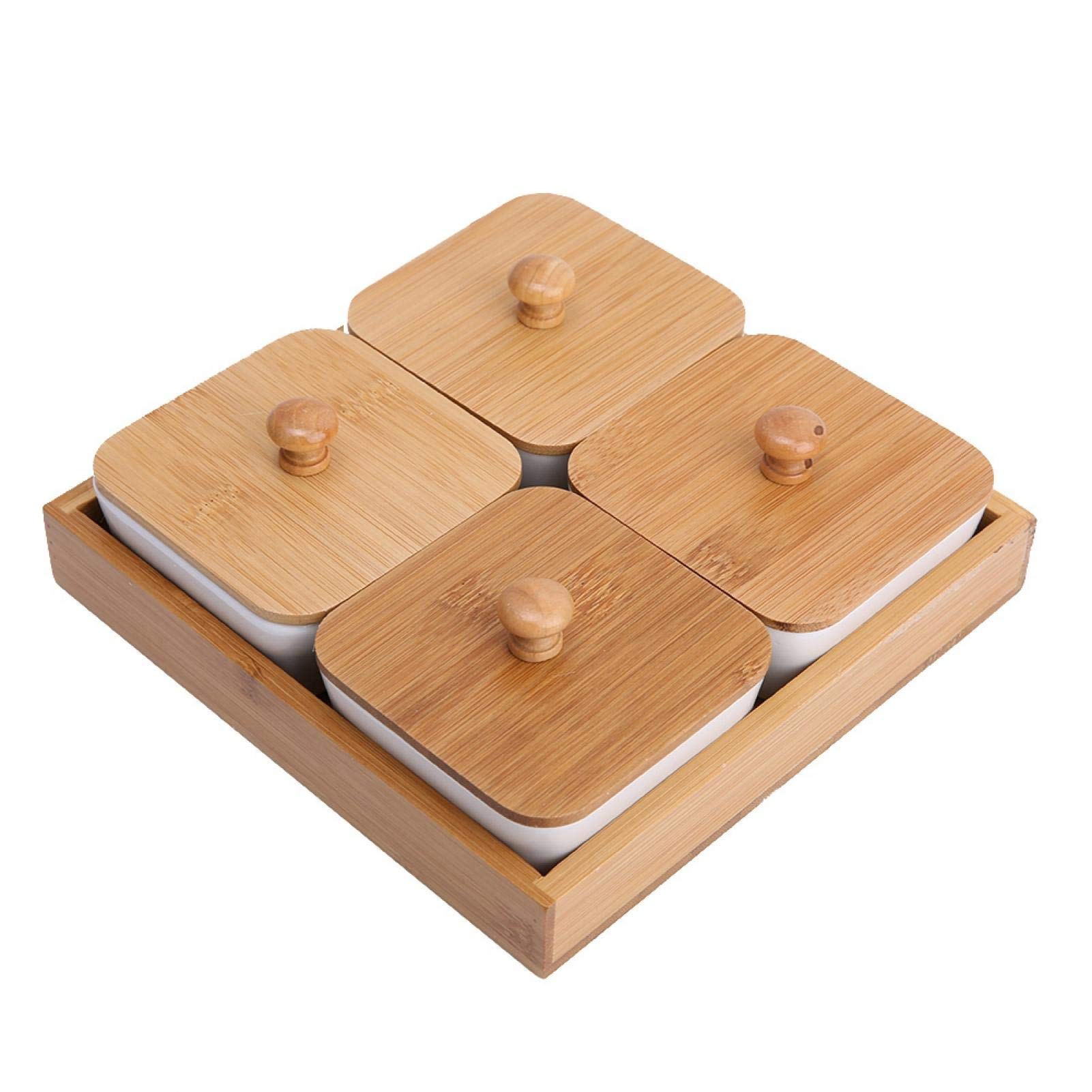 4-Compartment Ceramic Appetizer Serving Platter with Removable Bamboo Tray - Perfect for Dips, Veggies, Candy & Snacks | Elegant Party, Dinner & Entertaining Serving Dish