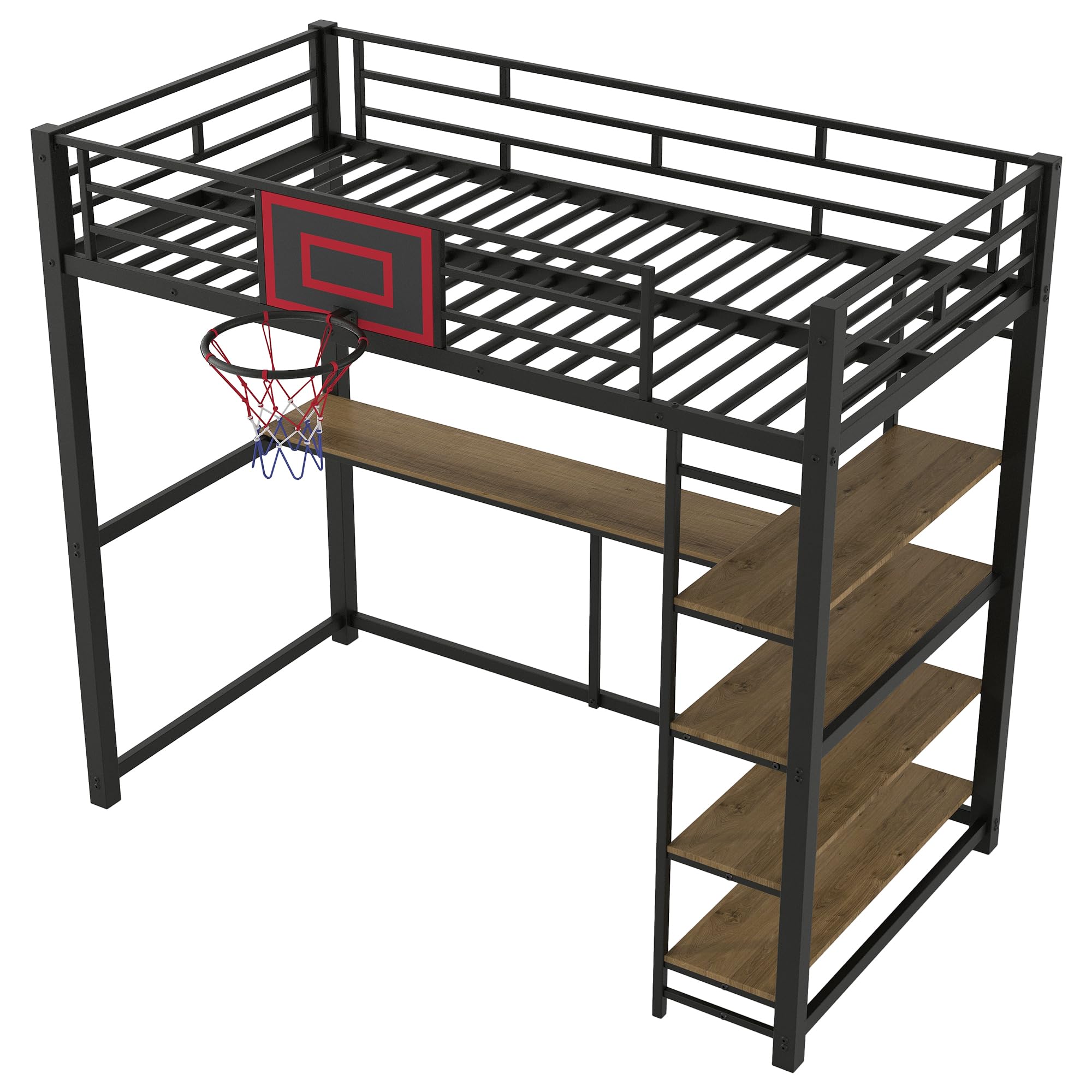 HABITRIO Twin Size Loft Bed with Shelves, Desk & Basketball Hoop - Sturdy Metal Frame for Kids & Teens - Space-Saving Study & Play Solution for Small Bedrooms (Black)