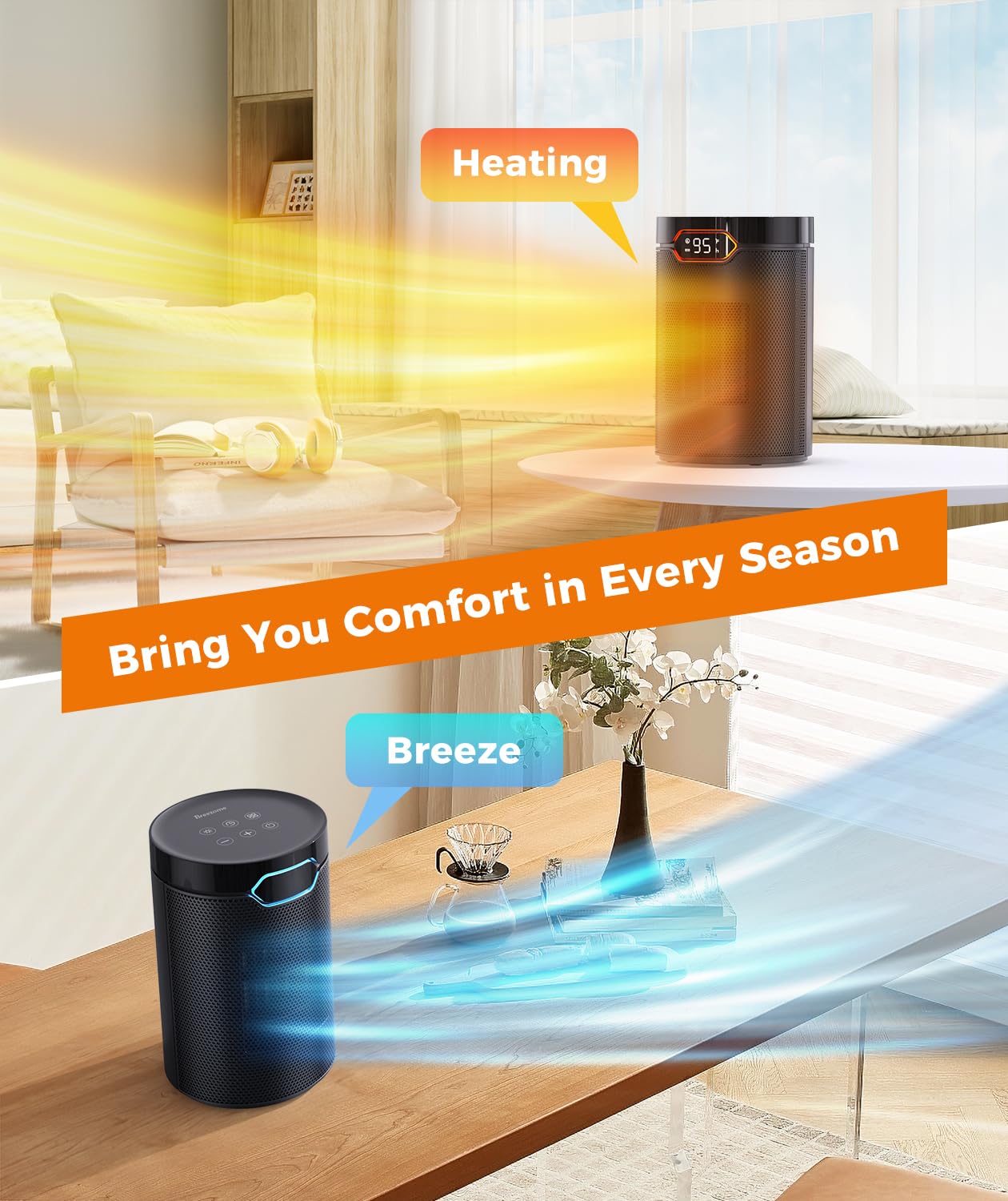 BREEZOME 1500W PTC Ceramic Space Heater - Portable Electric Heater with Thermostat & 24H Timer, Fast Quiet Heating for Home, Bedroom, Office - Perfect for Winter Warmth and Energy Efficient Indoor Heating