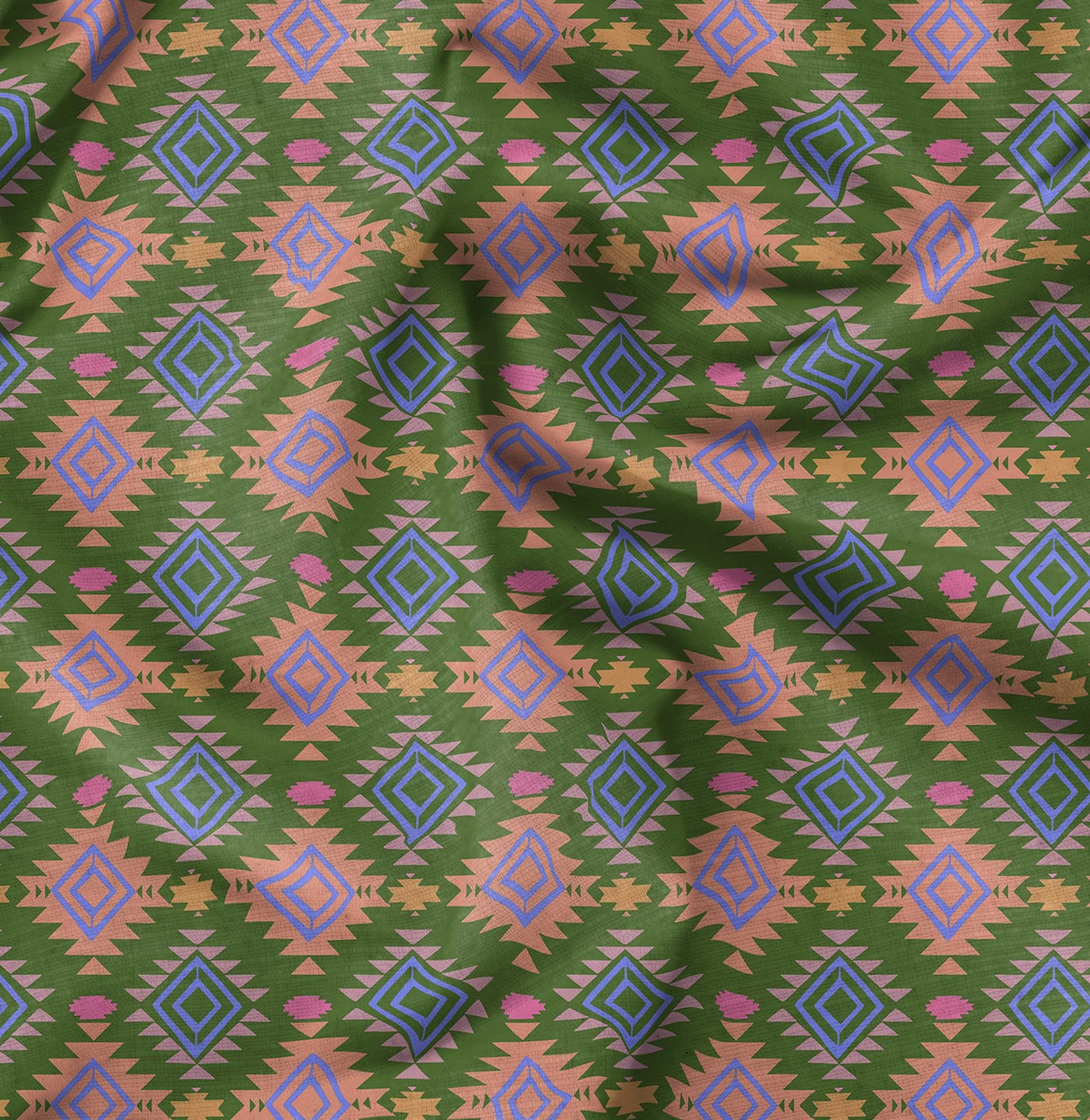Soimoi Moss Green Georgette Fabric by The Yard - 42 Inch Wide Diamond Geometric Print - Elegant Classic Design for Dresses, Curtains & Home Decor