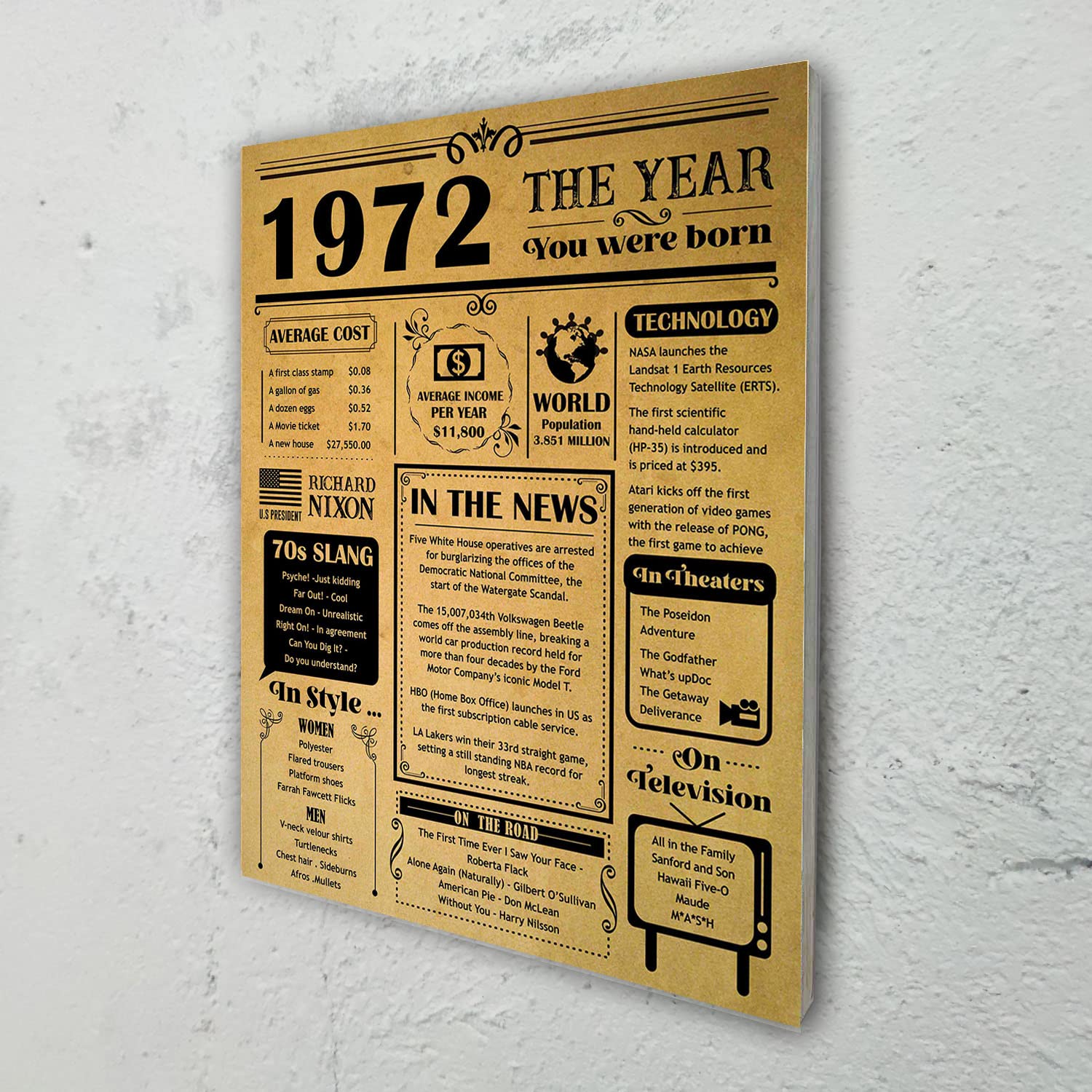 1972 Vintage Black and White 50th Birthday Poster - Fun Facts & Retro Wood Wall Decor Print - Perfect Gift for Mom, Dad, Wife, Sister, Brother - Ideal for 50th Birthday Parties & Nostalgic Home Decor
