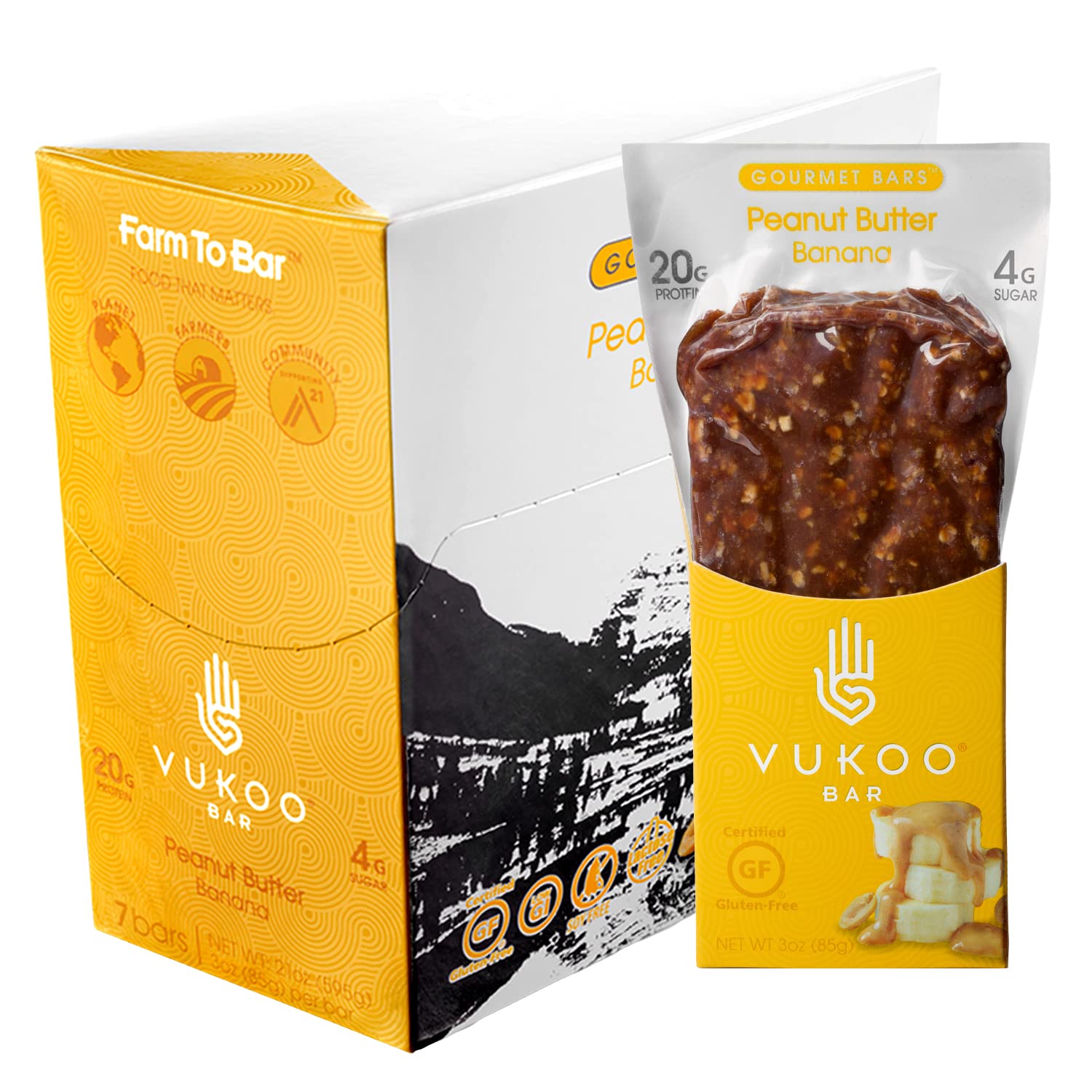 Vukoo Refrigerated Protein Bars - Peanut Butter Banana Flavor (12 Pack) | 20g Protein, Organic Oats, Low Sugar, High Fiber, Gluten Free | Healthy Snack for Gym, Hiking, Work & Weight Loss