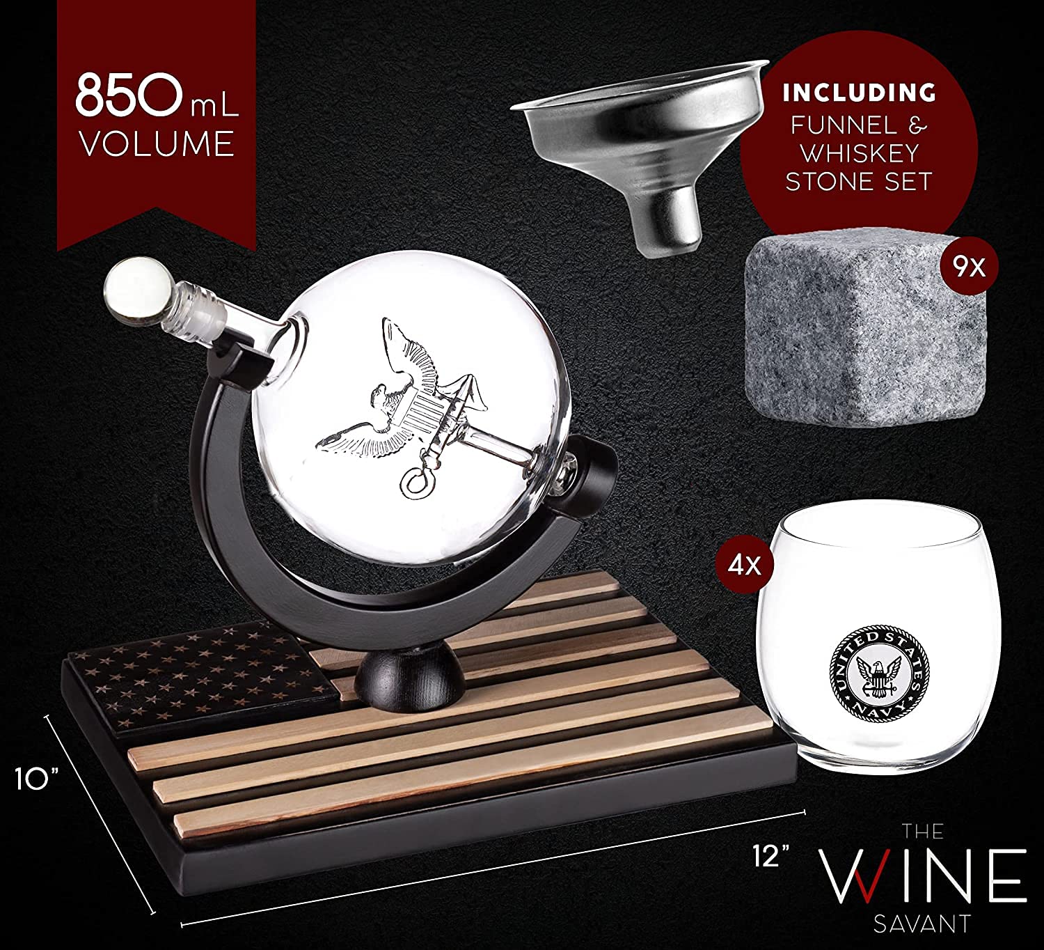 Premium U.S. Navy Globe Whiskey Decanter Set with 4 Crystal Glasses & 9 Whiskey Stones - Veteran Gift Box with Wooden Base - Patriotic Military Bourbon Scotch Gifts for Men, Dad - Perfect for Home Bars, Man Caves & Navy Themed Parties