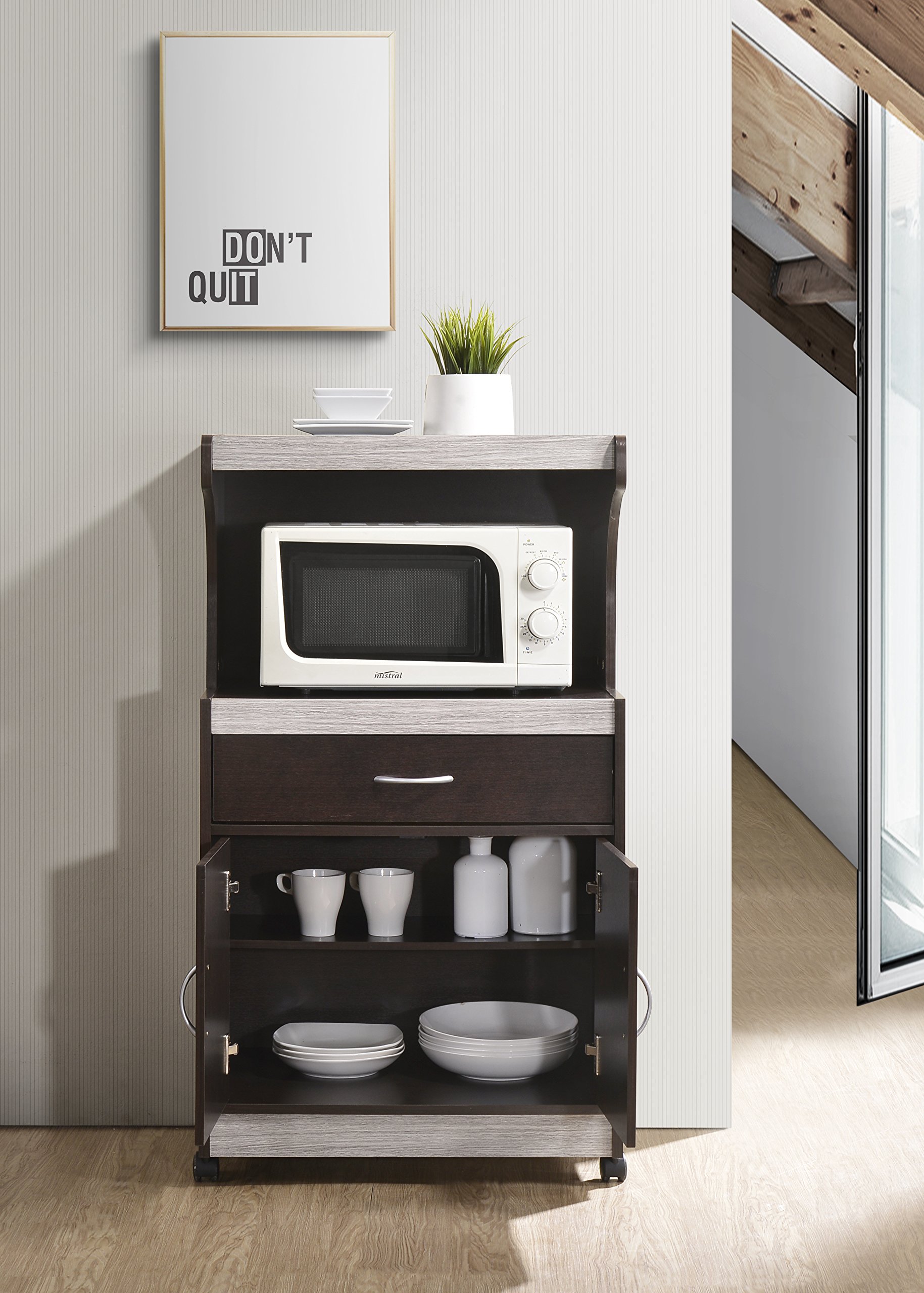 Hodedah Microwave Kitchen Cart with Storage Shelf - Chocolate Grey Finish, Compact Rolling Cart for Small Spaces, Perfect for Kitchen, Dorm, or Office Use