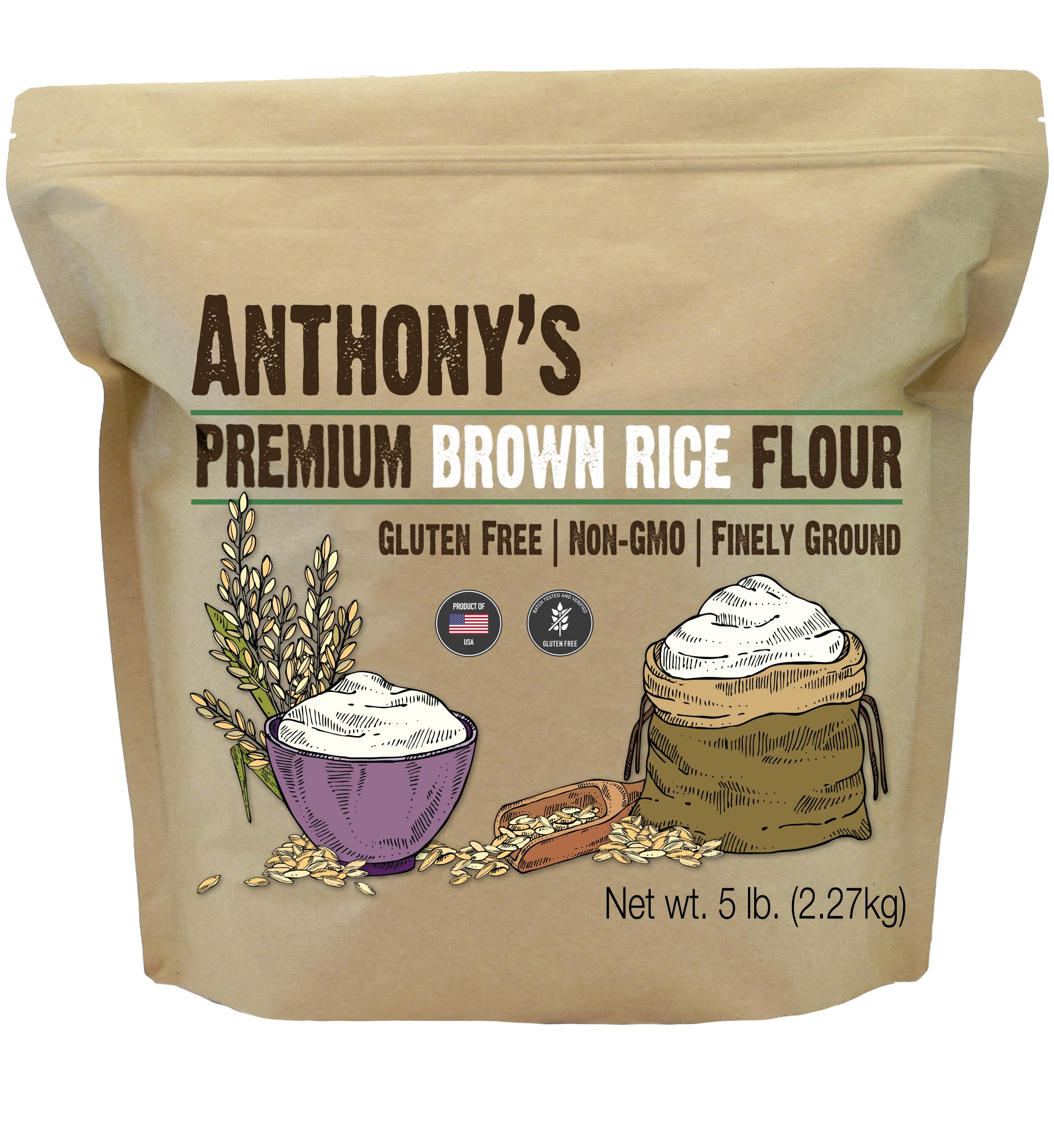 Anthony's Organic Brown Rice Flour, 5 lb - Gluten Free, Non-GMO, Vegan, USA Grown - Perfect for Baking, Cooking & Healthy Recipes