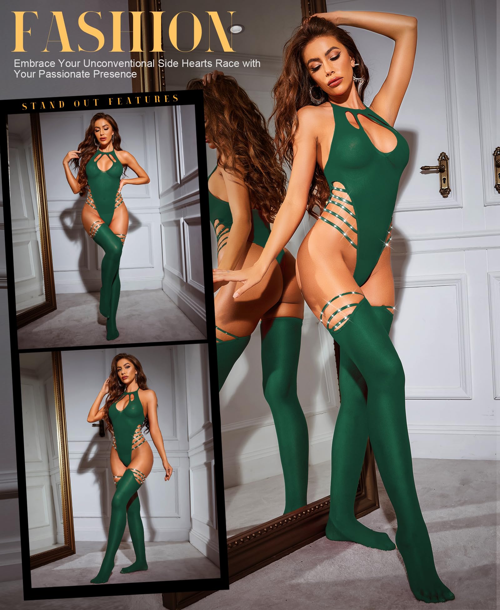 RSLOVE Women's Sexy Lingerie Set - Sparkling Rhinestone Mesh Bodystocking with Thigh High Stockings | Exotic Fishnet Bodysuit for Romantic Nights & Boudoir Photography