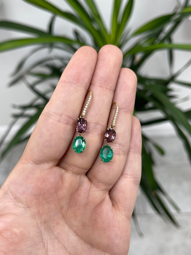 **18K Gold Natural Vivid Green Emerald & Spinel Drop Earrings with Pave Diamond Accents – Elegant Hook Dangle Earrings for Women, Perfect for Weddings, Parties & Special Occasions**