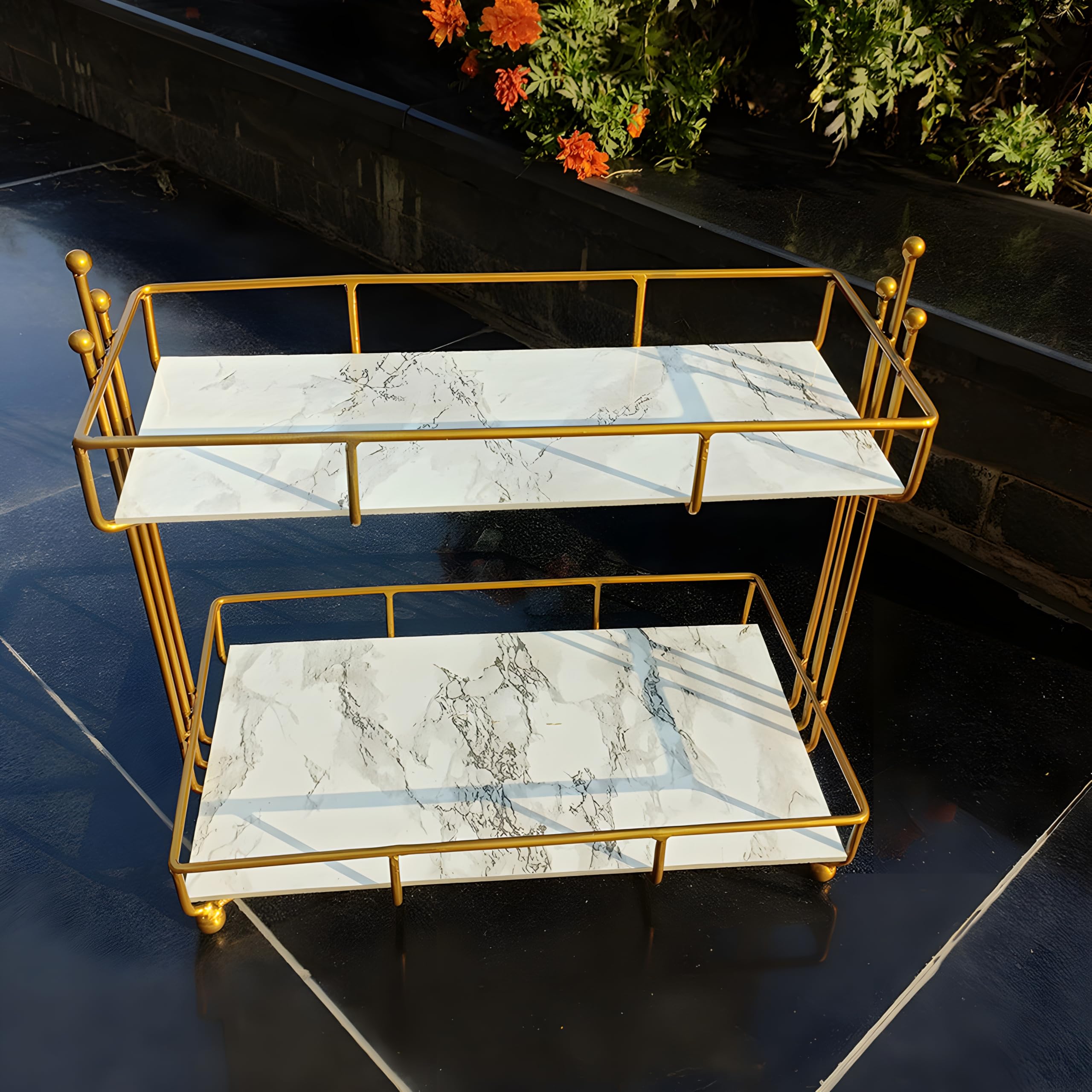 De Casa Decor Buffet Server - Elegant Gold Stand with White Plates for Catering, Snacks & Home Decor | Perfect for Parties, Weddings & Holiday Entertaining