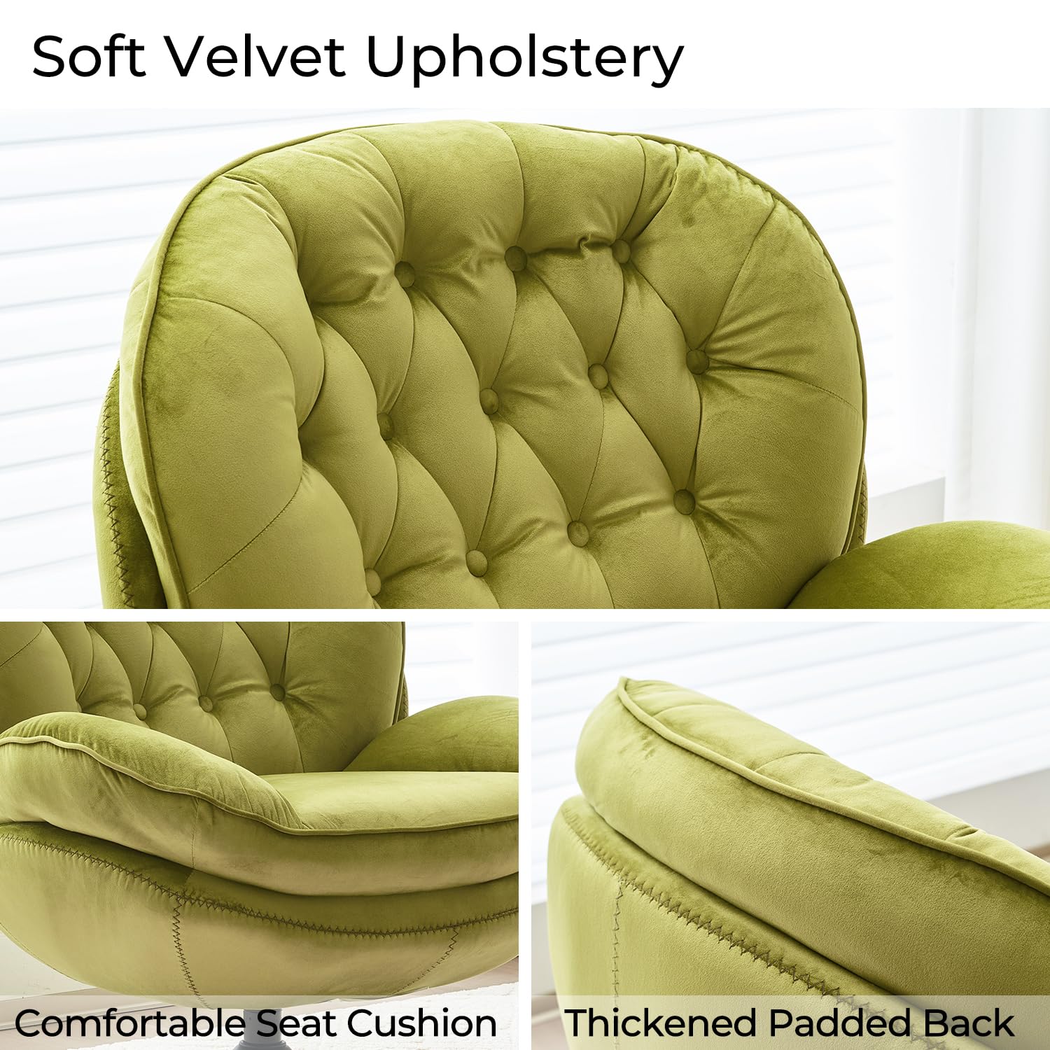 Velvet Swivel Accent Chair with Ottoman Set - Modern Tufted Armchair with Footrest for Living Room, Bedroom & Office - 360-Degree Swivel Reading TV Chair for Adults - Olive Green Chaise Lounge - Perfect for Relaxing, Entertaining & Small Spaces