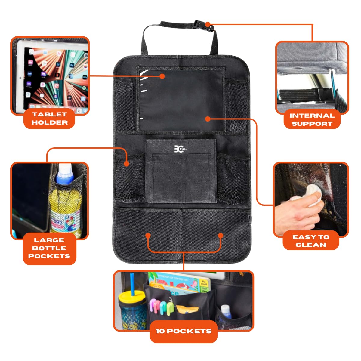 Backseat Car Organizer with Tablet Holder - 9 Storage Pockets & 4 Headrest Hooks - Kick Mat Back Seat Protector for Kids & Baby - Travel Accessories (2-Pack, Black) - Perfect for Road Trips & Family Travel