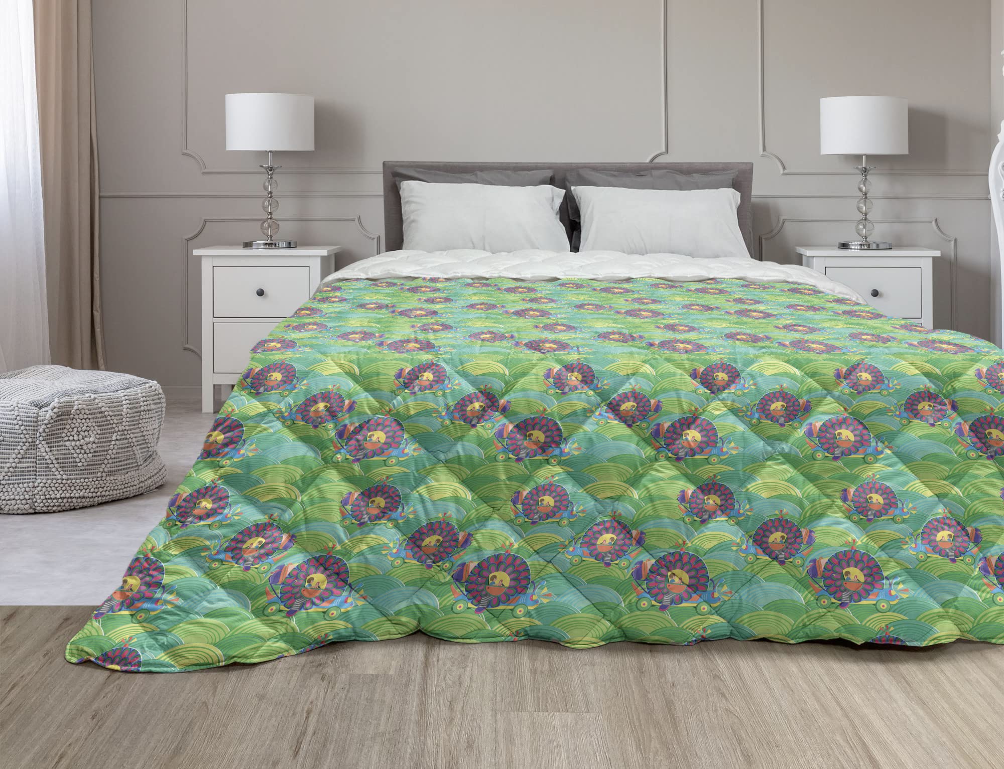 Ambesonne Full Size Down Alternative Comforter - Cartoon Snails Driving Cars on Fish Scale Design, All-Season Microfiber Quilt in Lime Green & Multicolor - Perfect for Kids' Bedrooms, Dorm Rooms & Cozy Home Decor