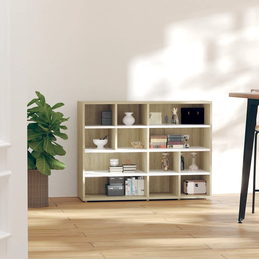 White and Sonoma Oak Sideboard Storage Cabinet with 4 Large & 8 Small Compartments - 38.2