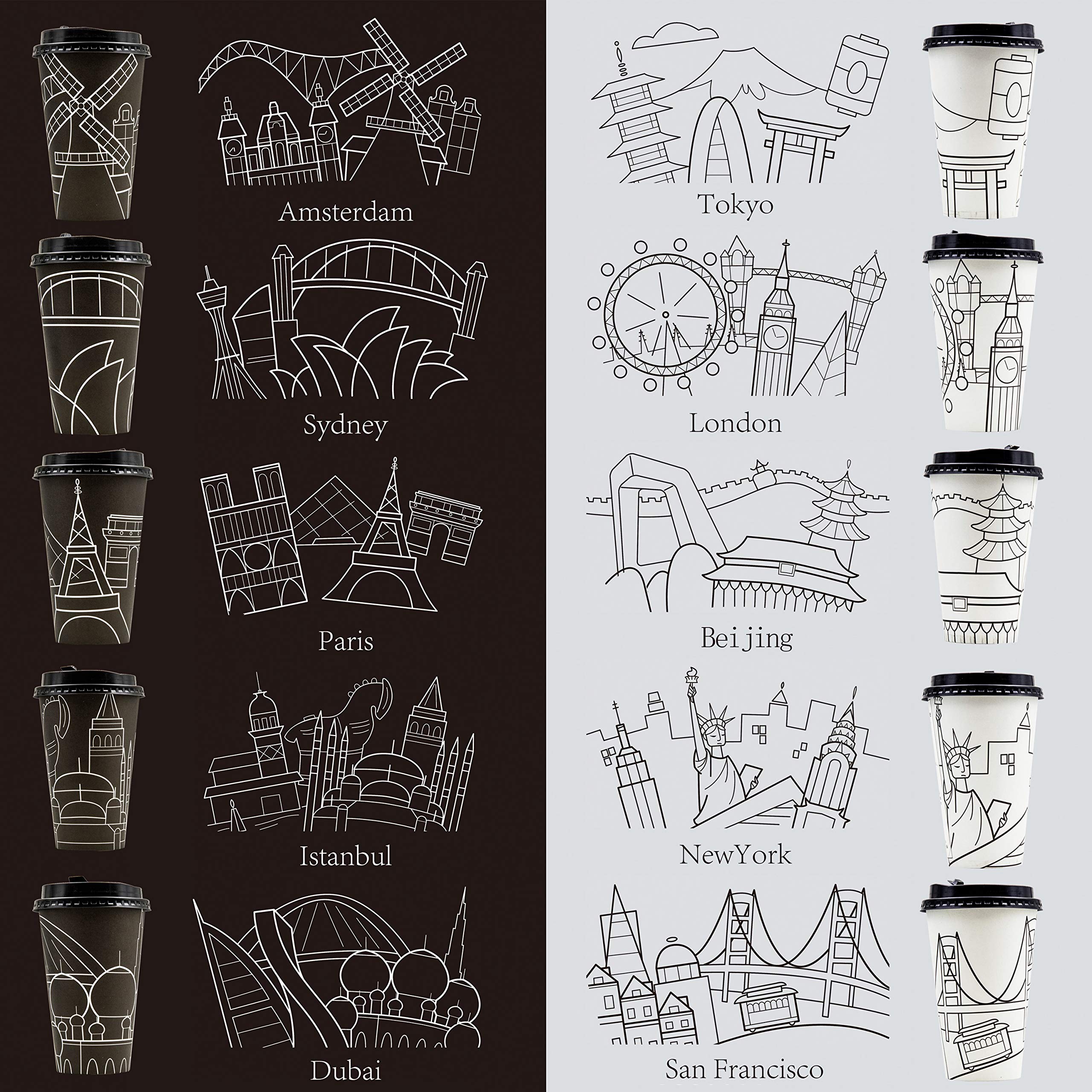 Youngever 70-Pack Disposable Coffee Cups with Lids - Insulated Hot/Cold Paper To-Go Cups, Leak-Proof & Durable, Stylish City Skyline Design - Perfect for Office, Cafes, Parties & Outdoor Events