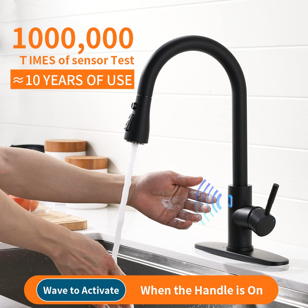 OWOFAN Touchless Kitchen Faucet with Motion Sensor | Hands-Free Pull Down Sprayer with LED Light | Single Handle Stainless Steel Black Sink Faucet (Model 1072R) | Perfect for Modern Kitchens, Food Prep & Hygienic Cooking