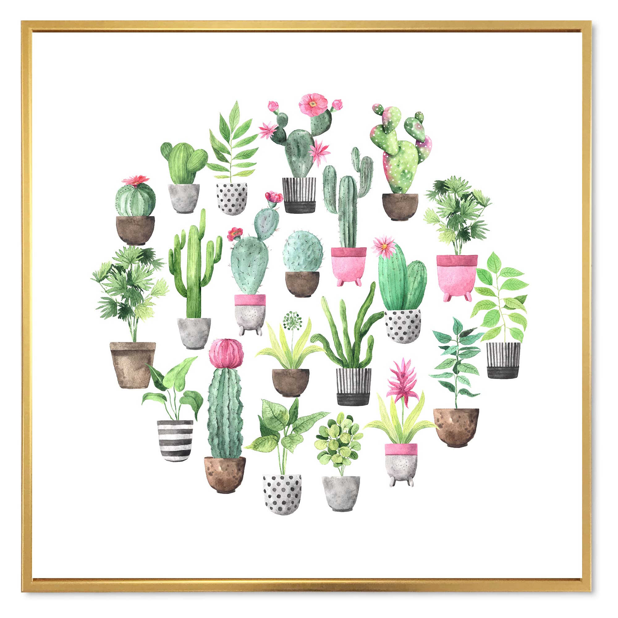 DesignQ Cacti in Ceramic Pots - Soft Tone Traditional Framed Canvas Wall Art Print for Living Room, Bedroom & Office Decor