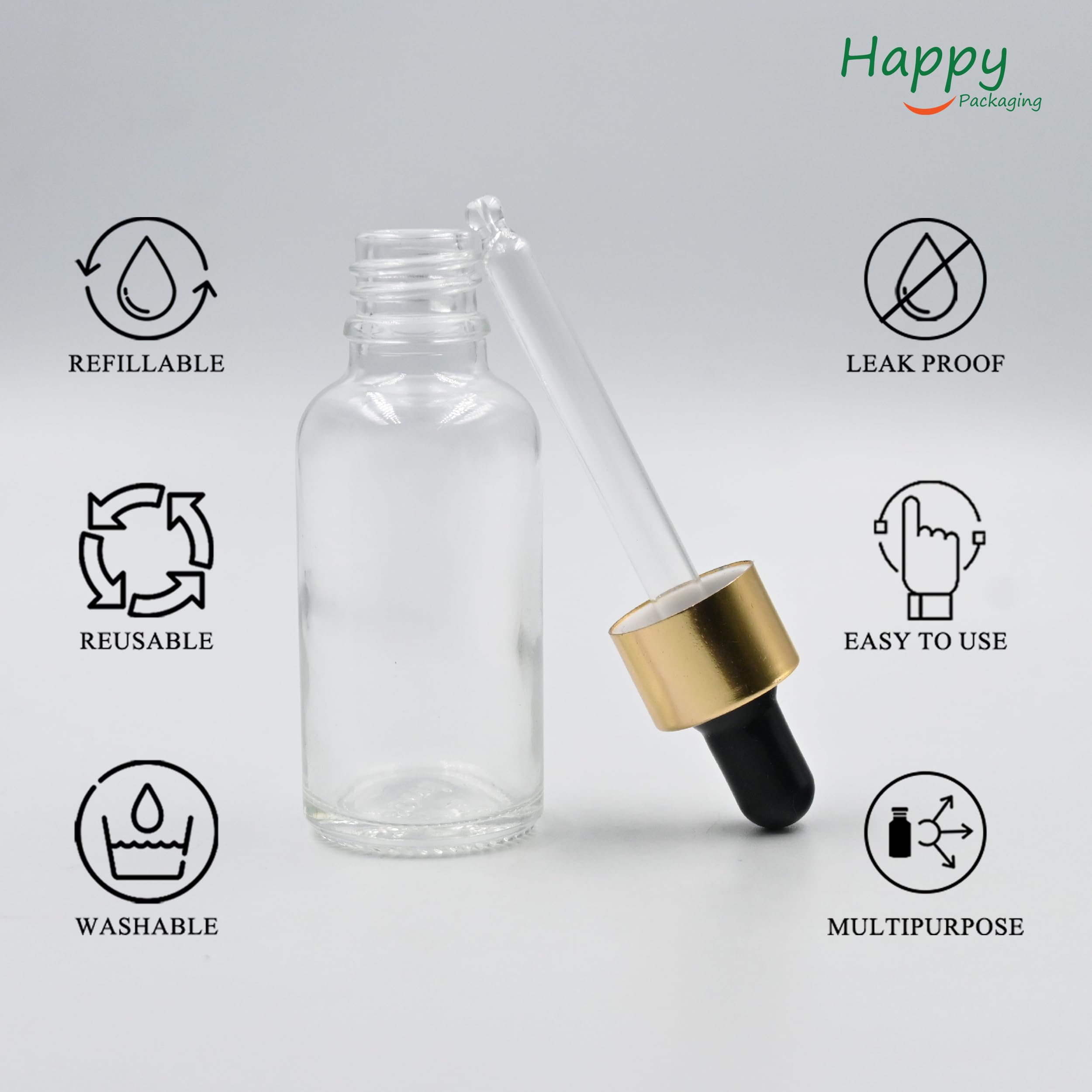 30ML Clear Round Empty Glass Bottle with Glass Dropper & Gold Sleeve - Leak Proof Refillable Essential Oil Bottles for DIY Perfumes, Serums, Aromatherapy - Perfect for Home Spa, Travel & Gift Packaging