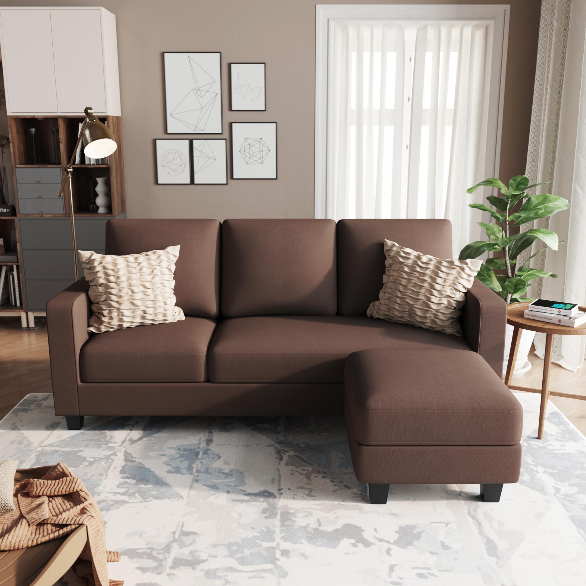 Furniwell Convertible Sectional Sofa - L-Shaped 3-Seat Modern Fabric Couch with Ottoman & Reversible Chaise for Small Spaces | Apartment Living Room Furniture in Brown | Perfect for Studio, Condo & Cozy Home Decor