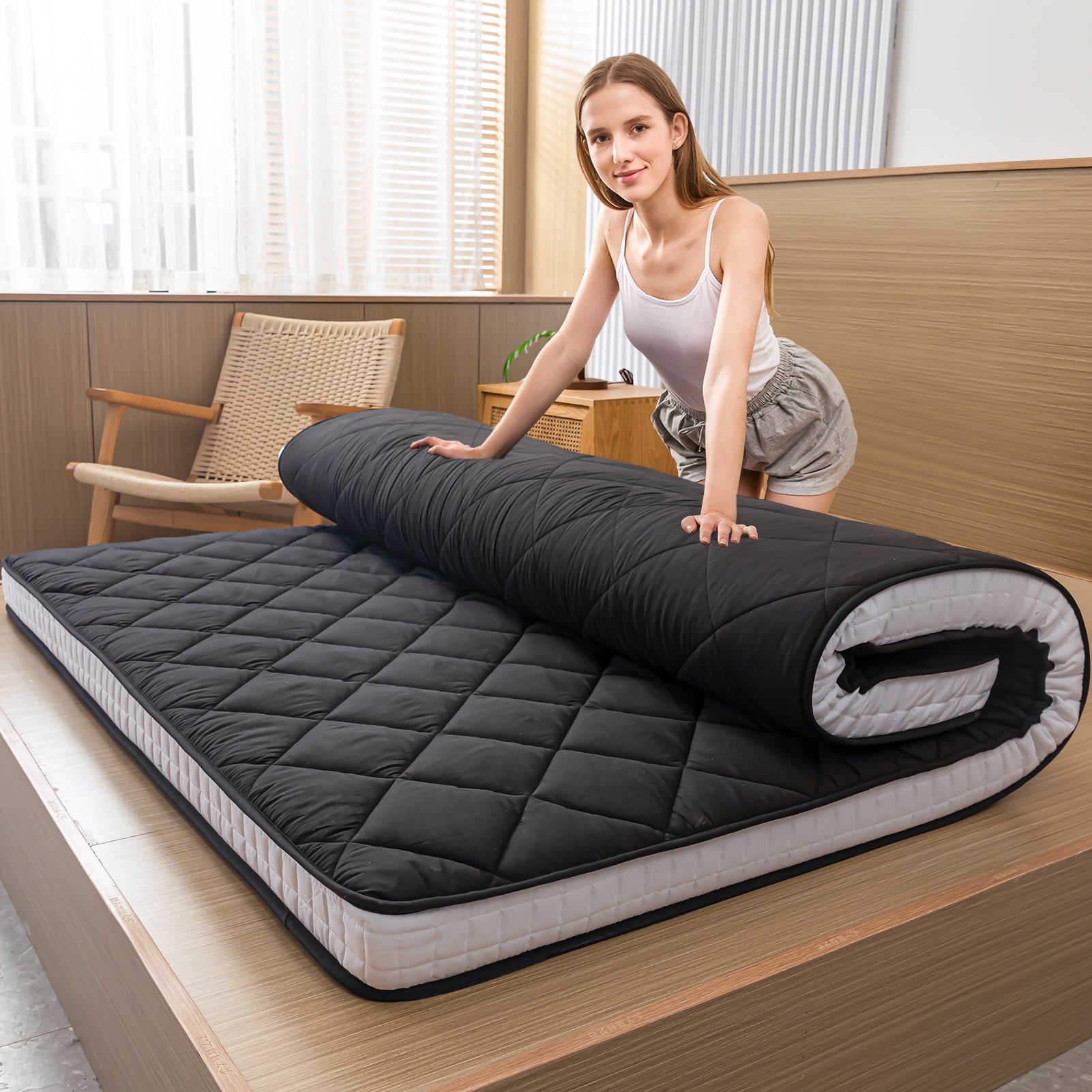 MAXYOYO Extra Thick Foldable Japanese Floor Mattress - Black | Comfortable Futon for Guest Bed, Camping & Small Space Living